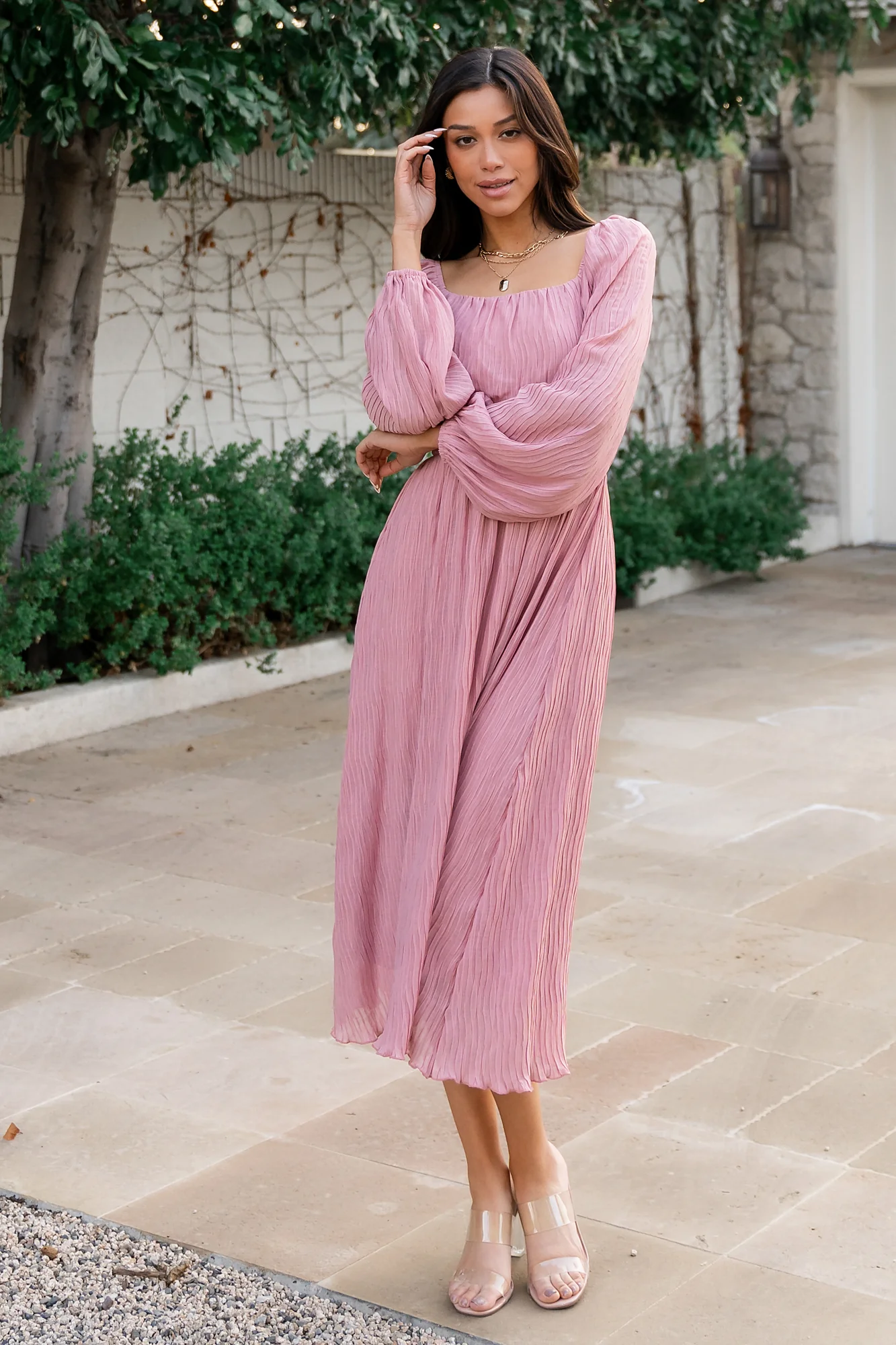 Dalton Pleated Midi Dress | Blush - Jamouz