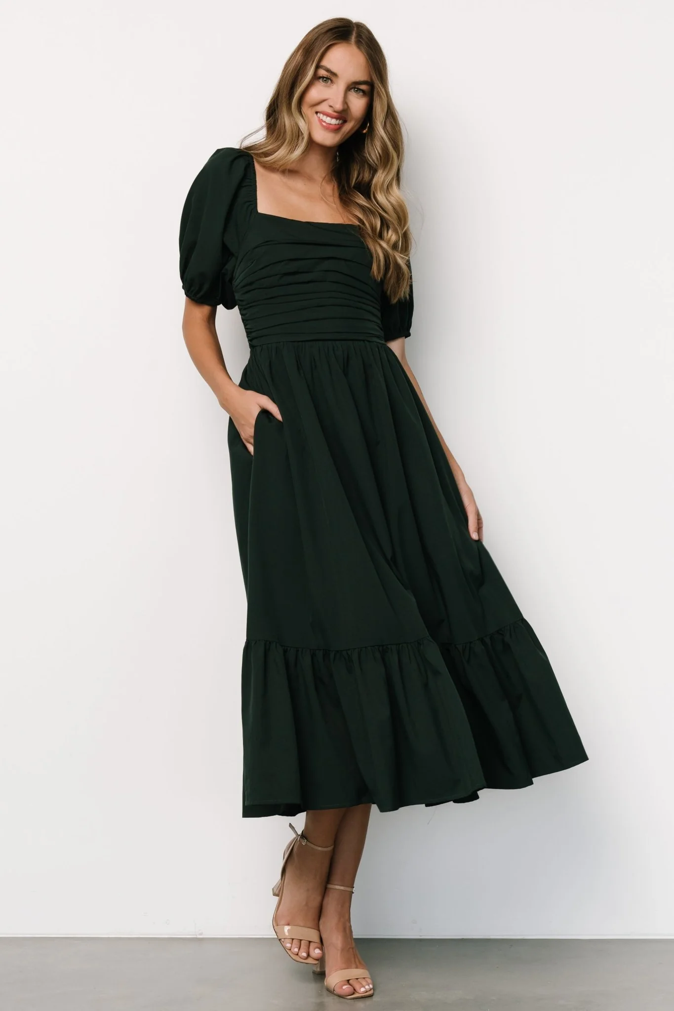Andrea Pleated Midi Dress | Forest Green - Jamouz