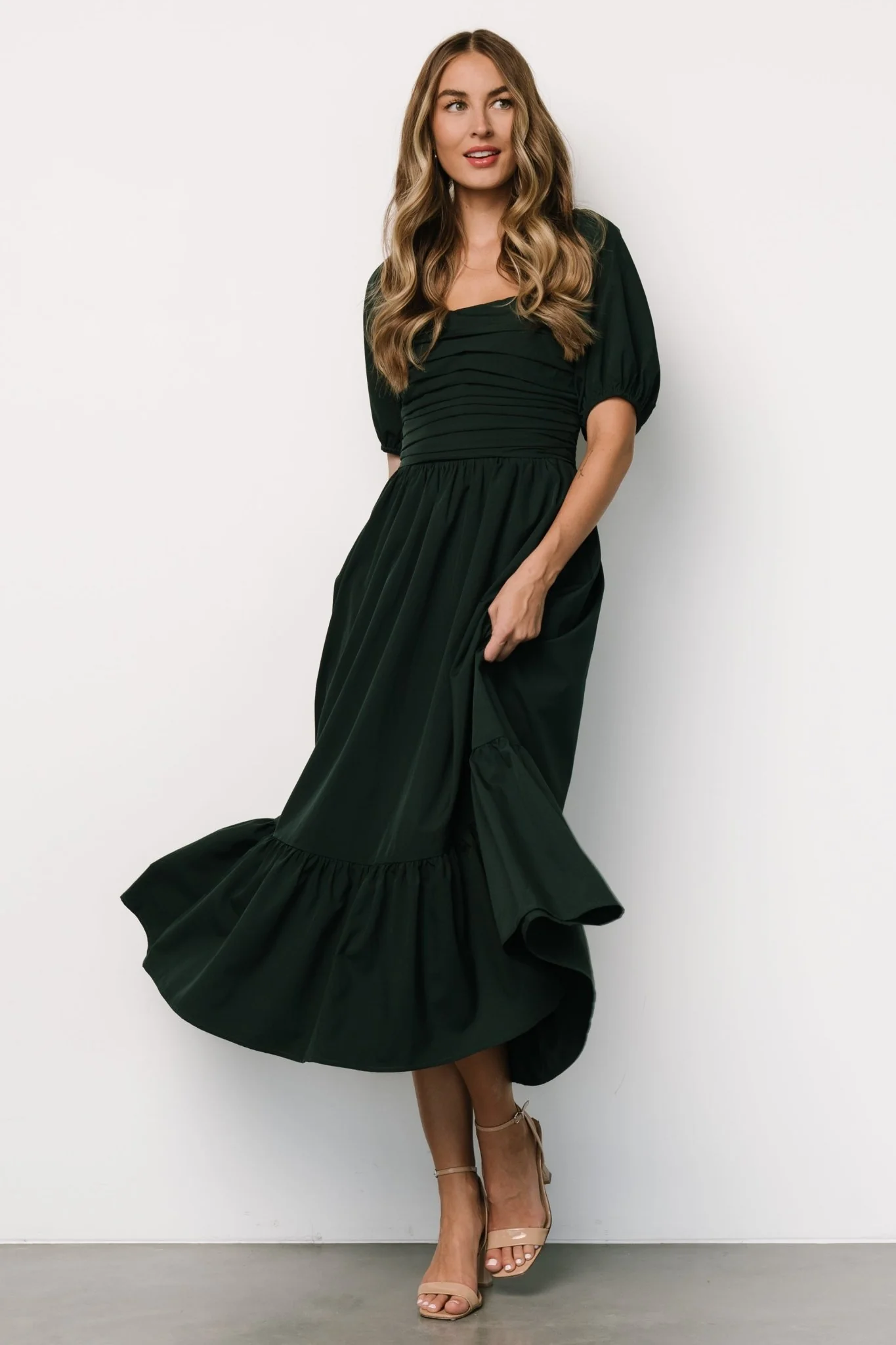 Andrea Pleated Midi Dress | Forest Green - Jamouz