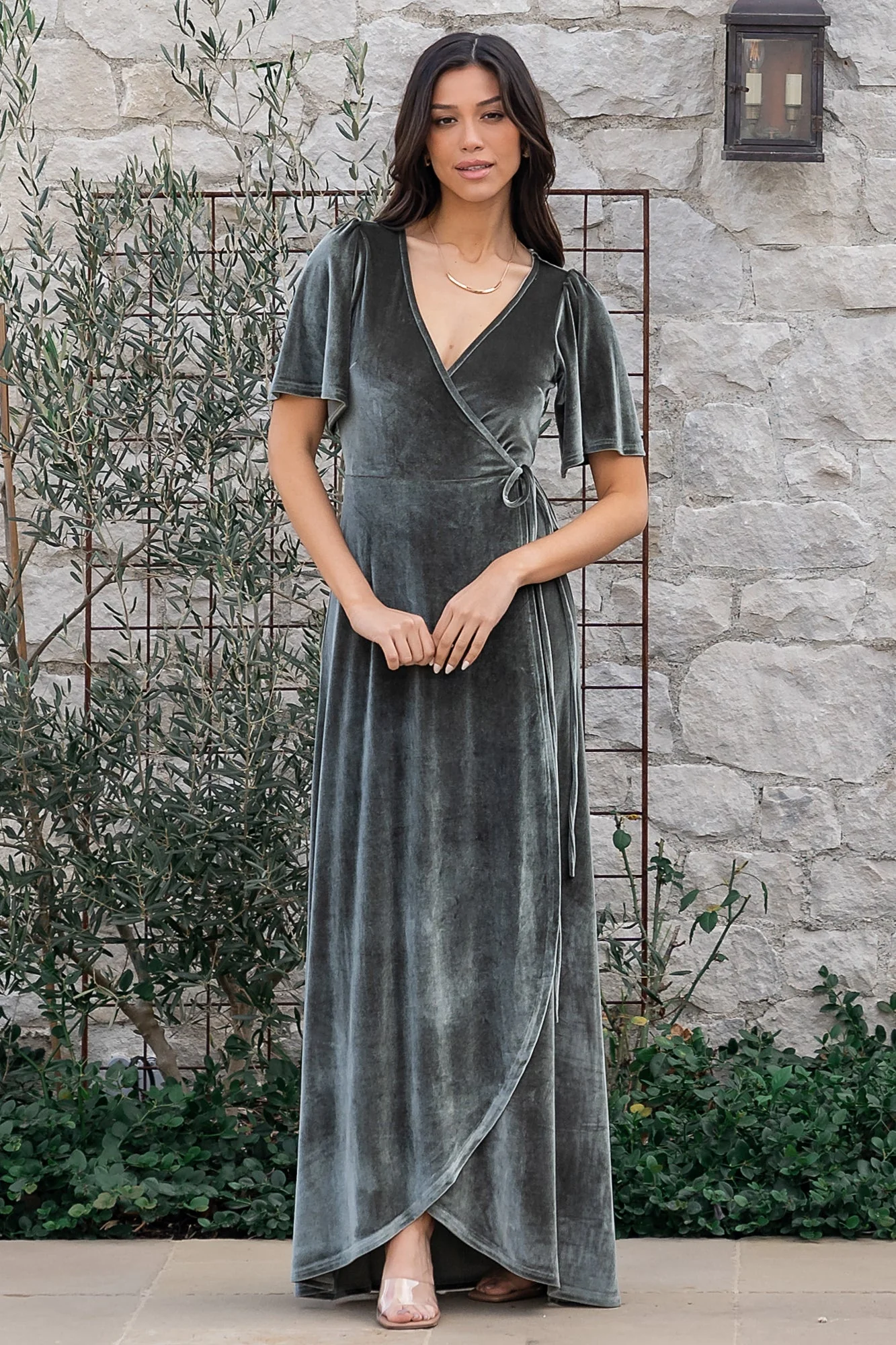 Katelyn Velvet Maxi Wrap Dress | Eucalyptus - Jamouz