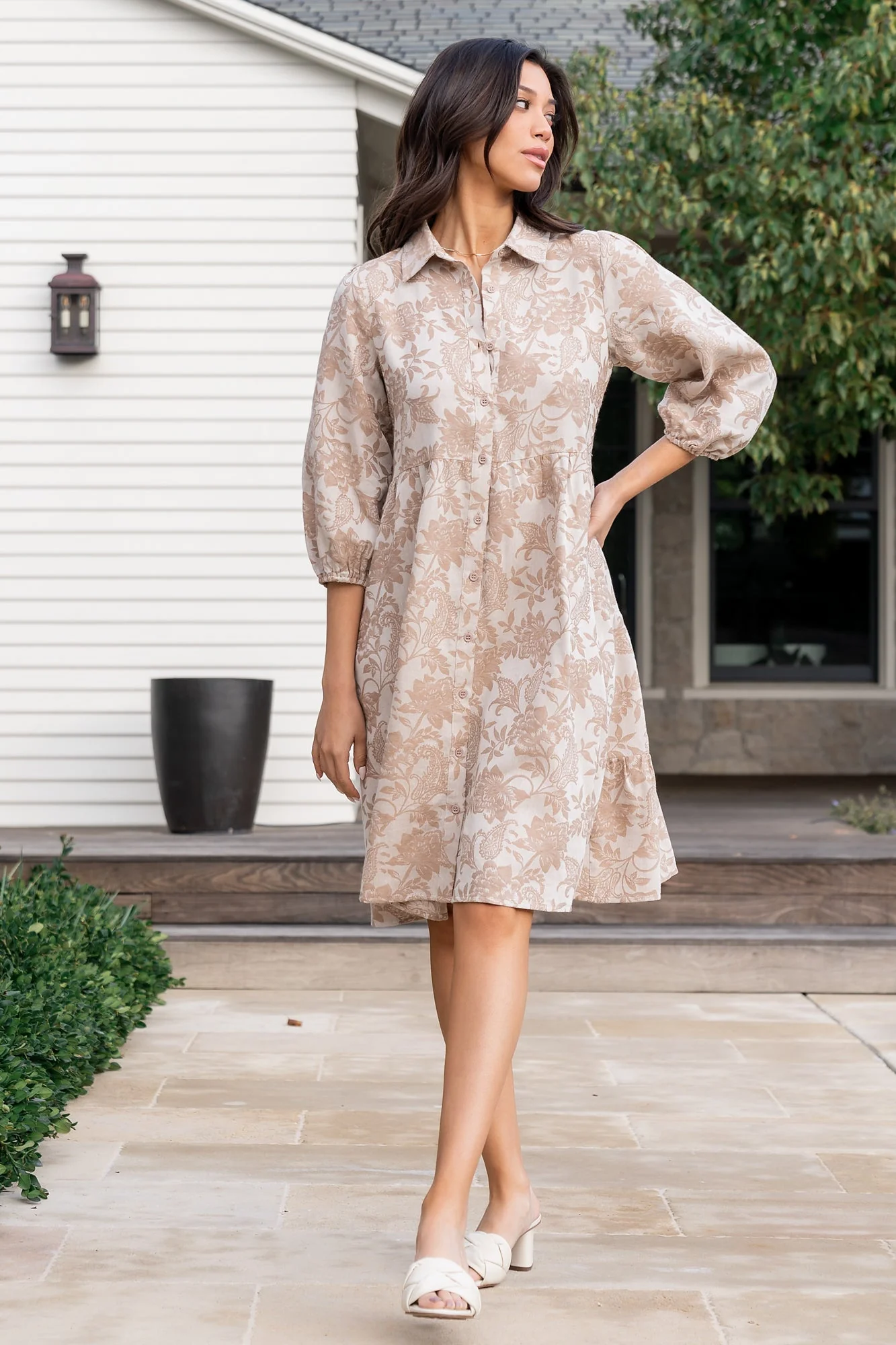 Dakota Babydoll Dress | Taupe Print - Jamouz