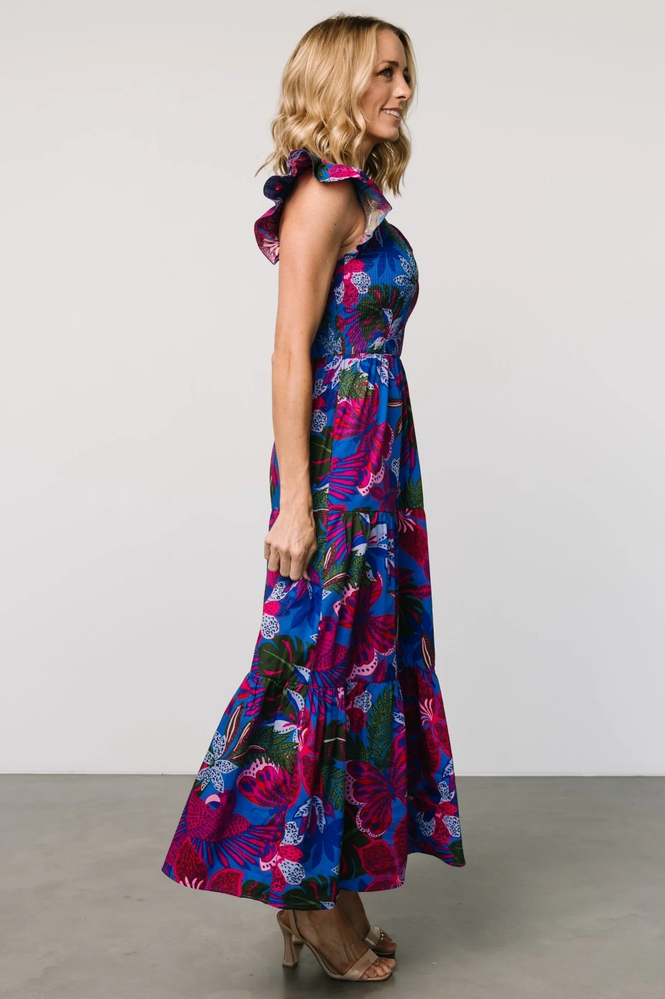 Ranchero Smocked Maxi Dress | Cobalt + Fuchsia Print - Jamouz