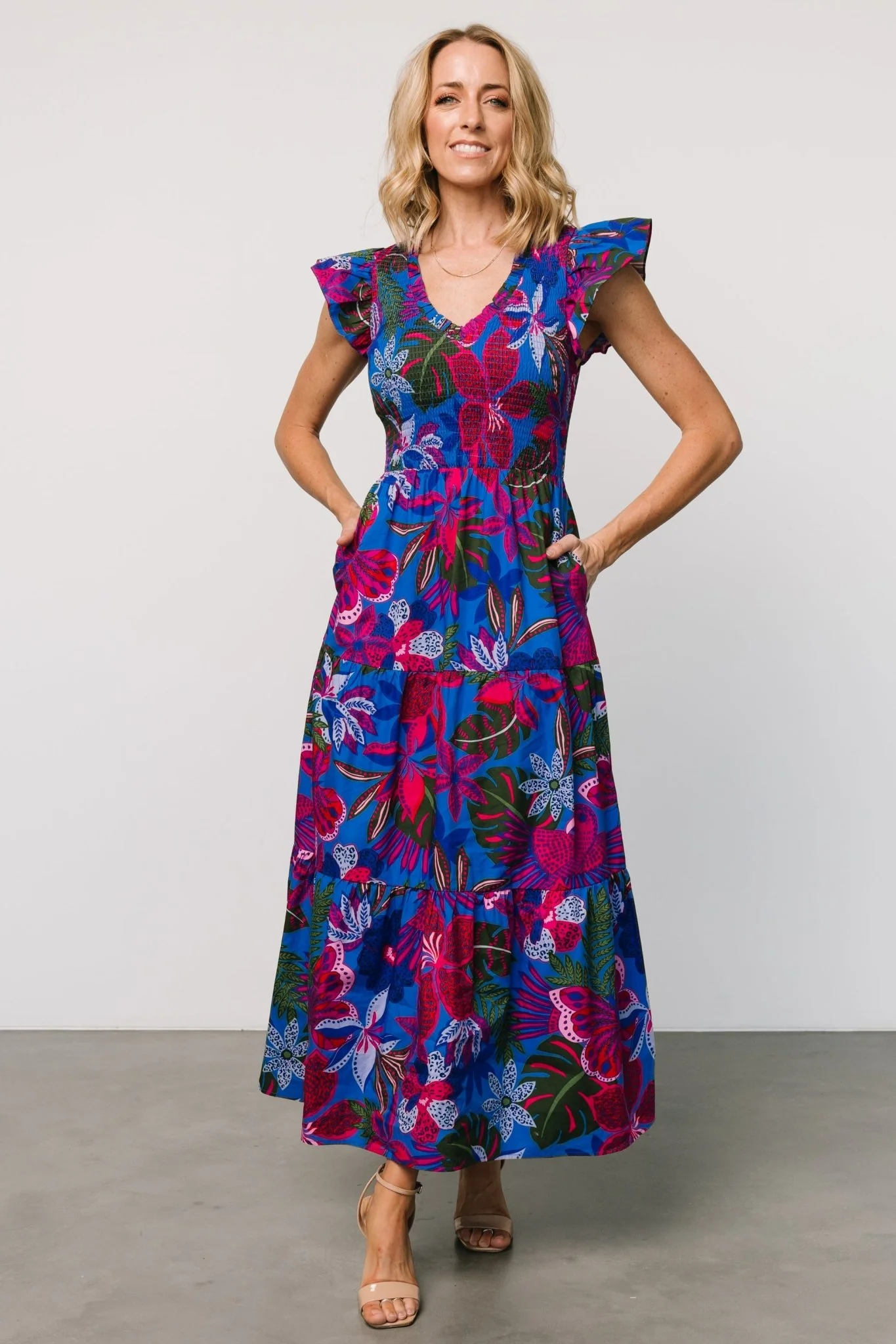 Ranchero Smocked Maxi Dress | Cobalt + Fuchsia Print - Jamouz