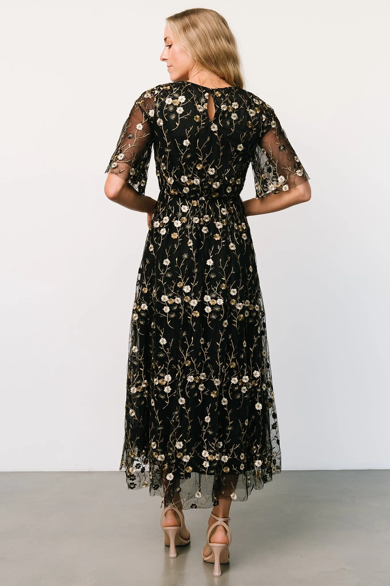Arabella Embroidered Tulle Maxi Dress | Gold + Black - Jamouz