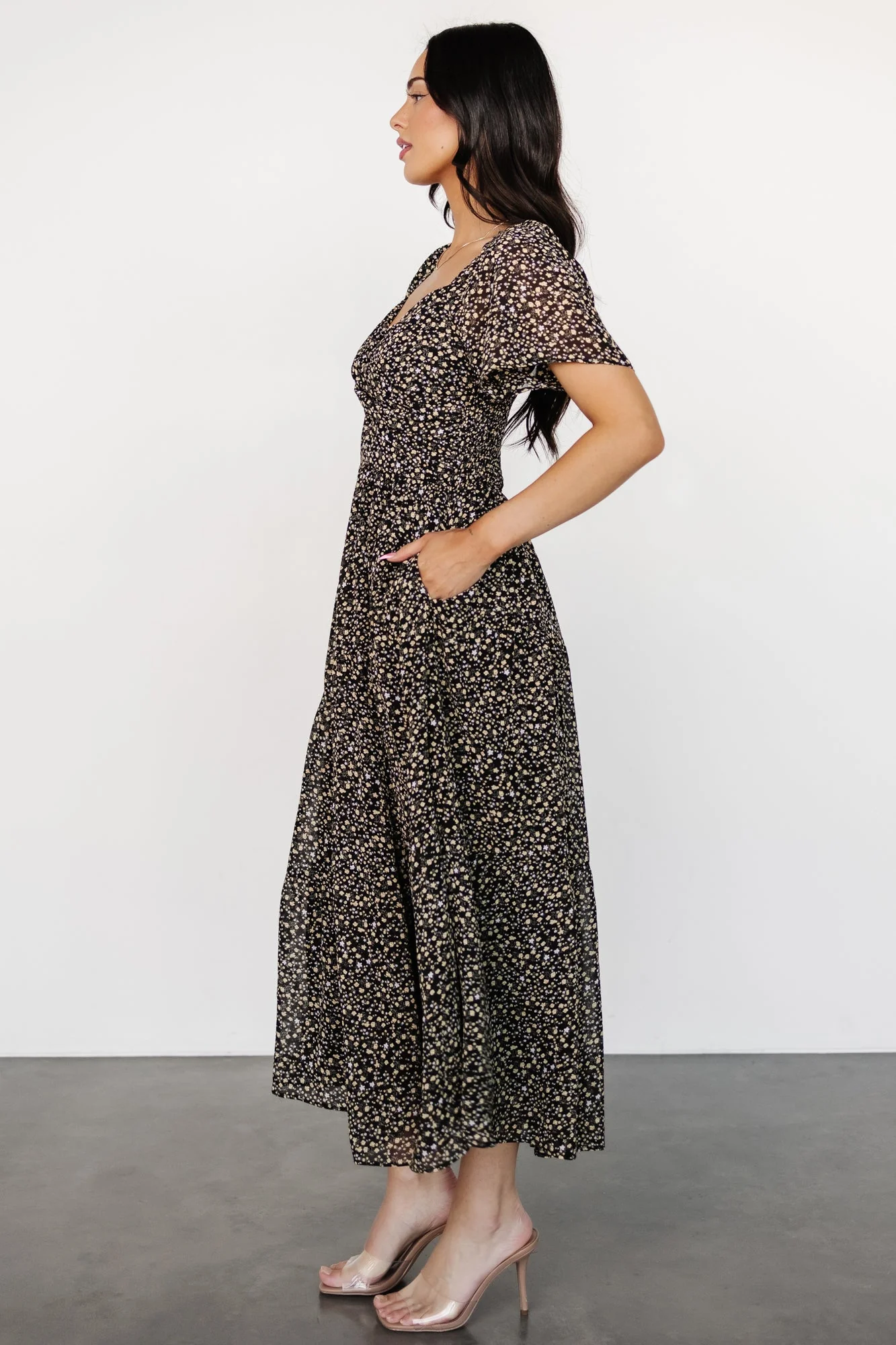 Emiliana Dress | Black + Gold Floral - Jamouz