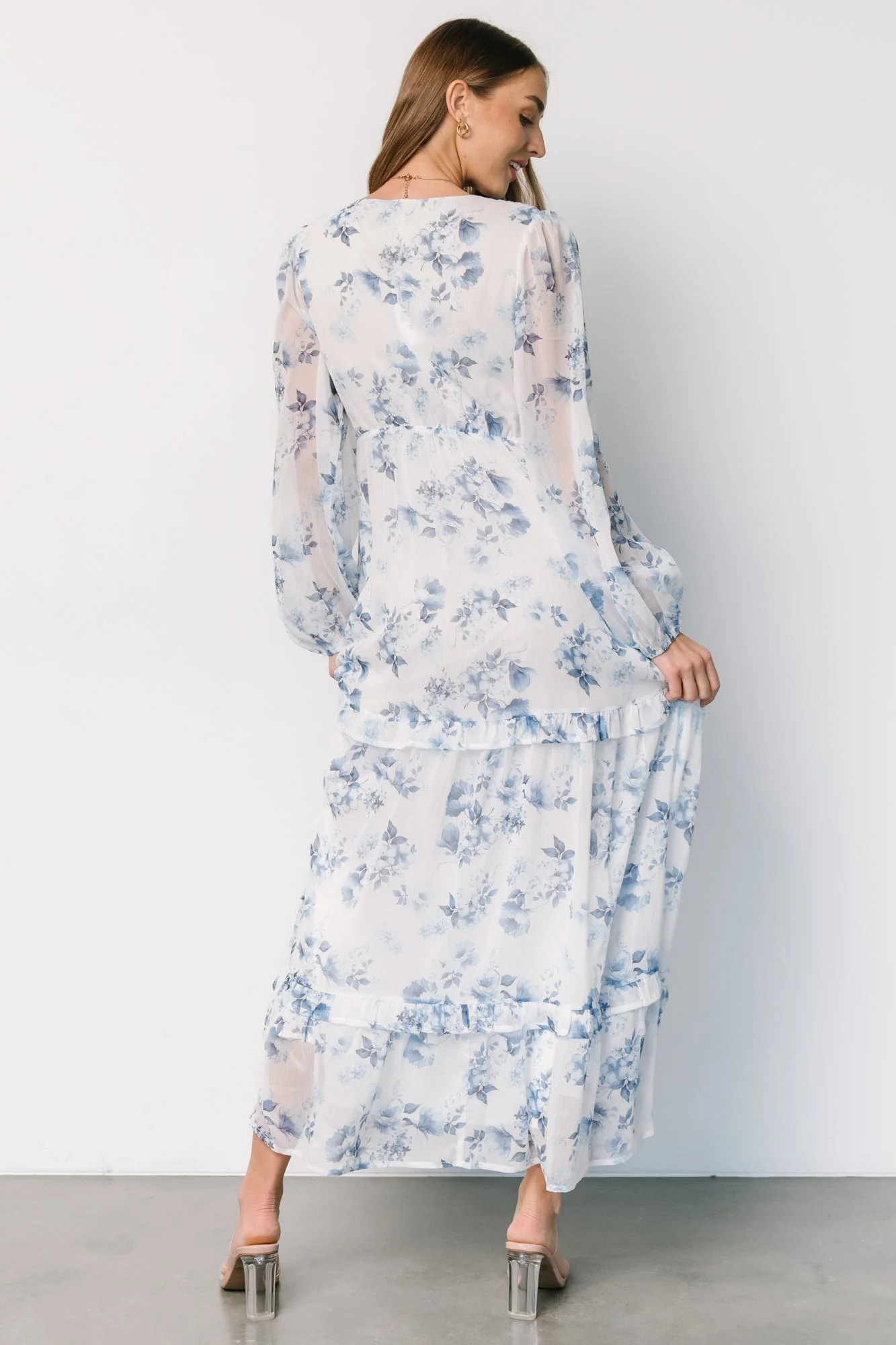 Rumi Deep V Maxi Dress | Off White + Blue Floral - Jamouz
