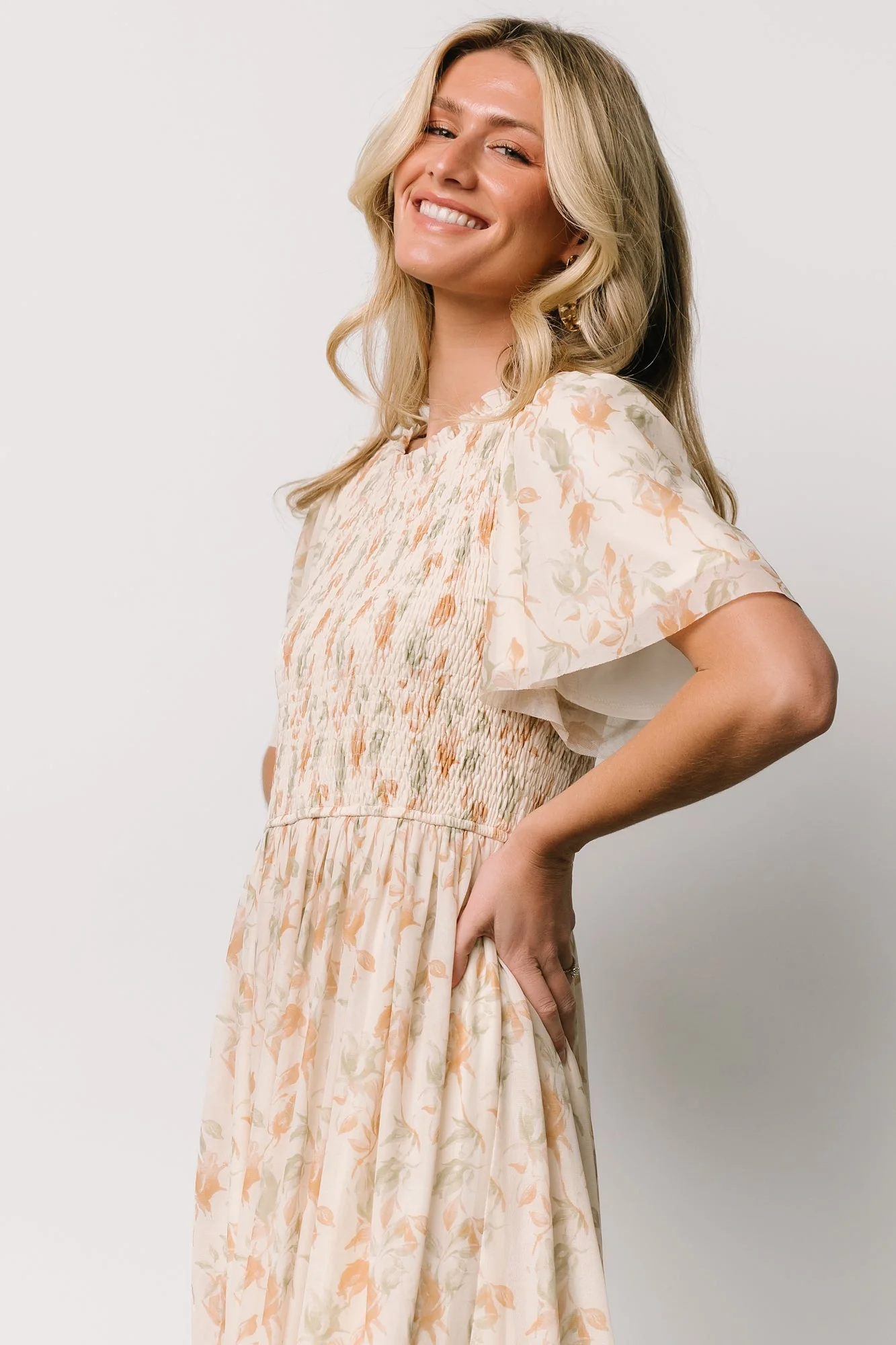 Bailey Smocked Midi Dress | Ivory + Golden Floral - Jamouz