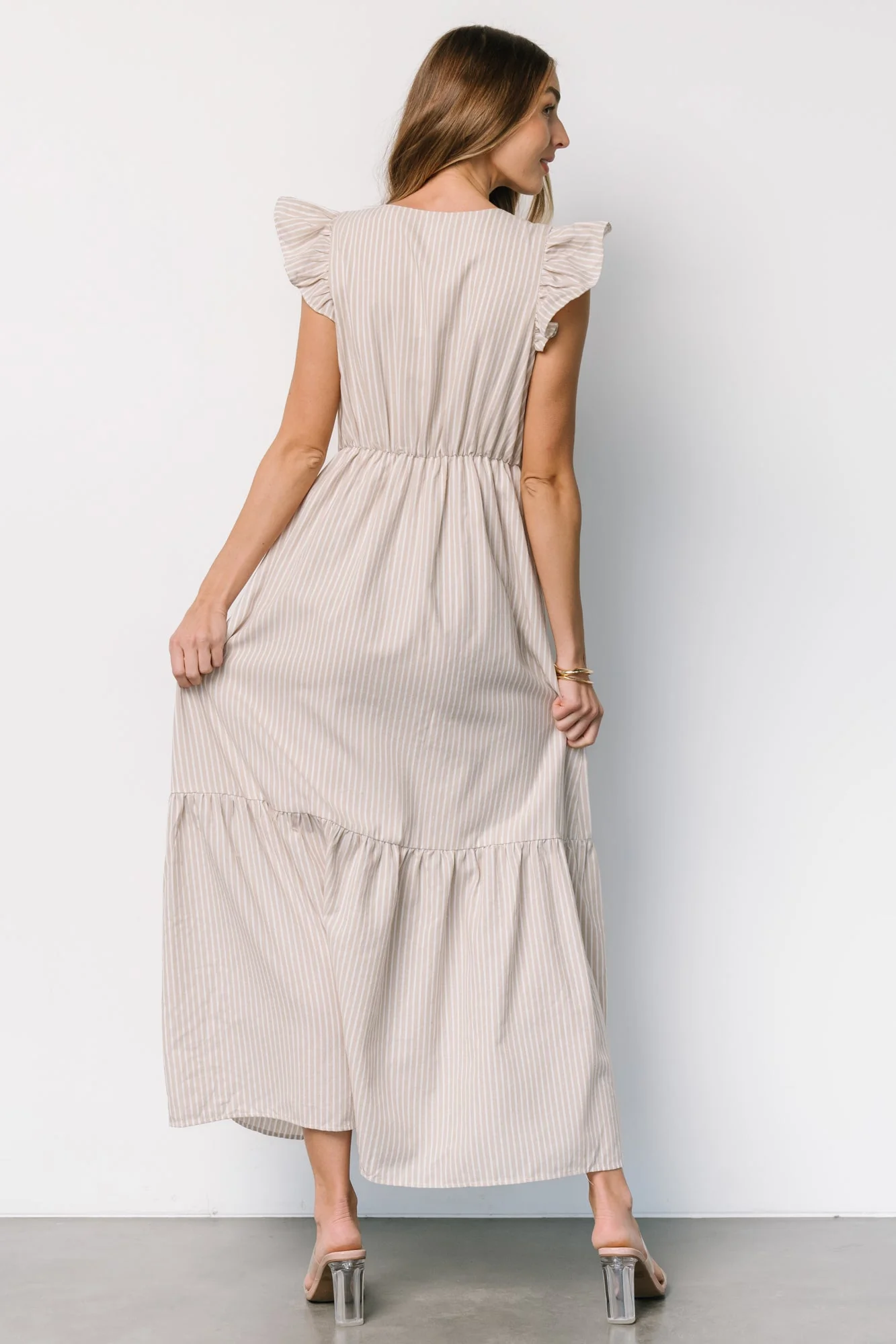 Hettie Button Maxi Dress | Beige Stripe - Jamouz