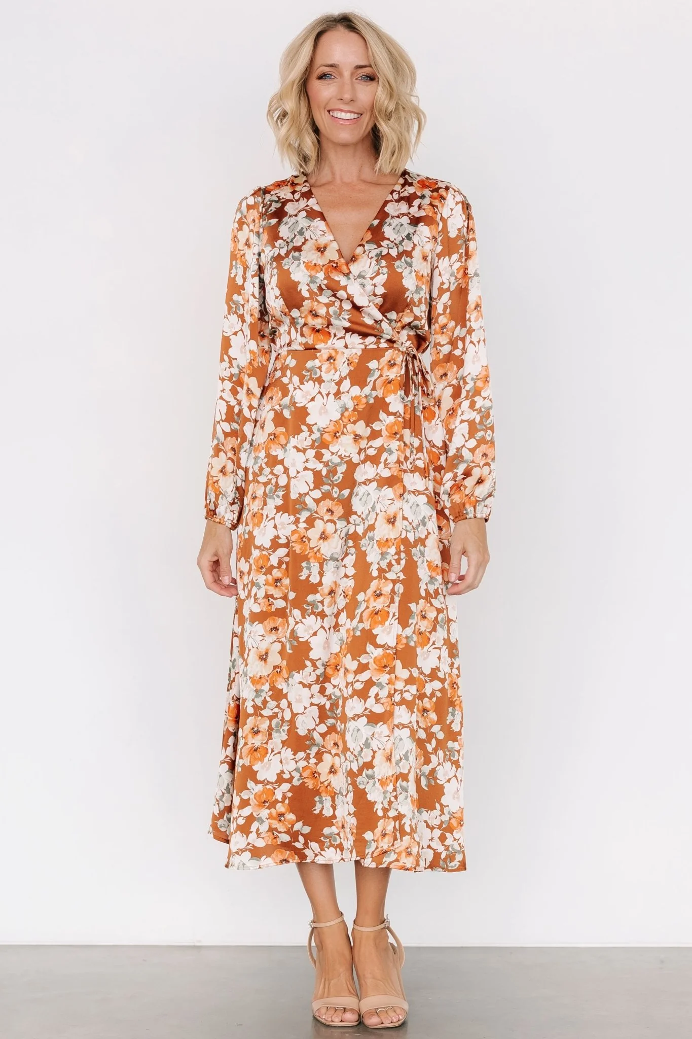 Clarissa Faux Wrap Midi Dress | Copper + Ivory - Jamouz