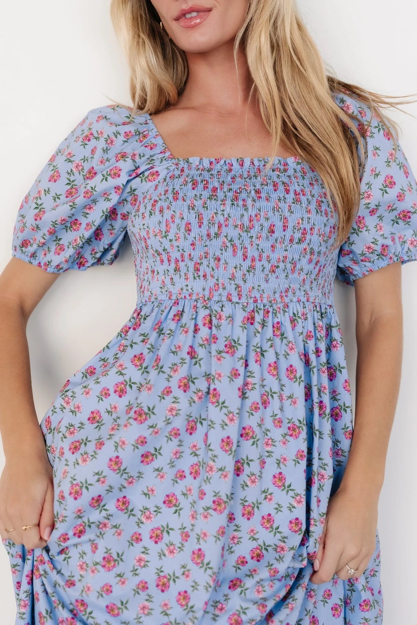 Haddie Smocked Midi Dress | Light Blue + Rose Floral - Jamouz