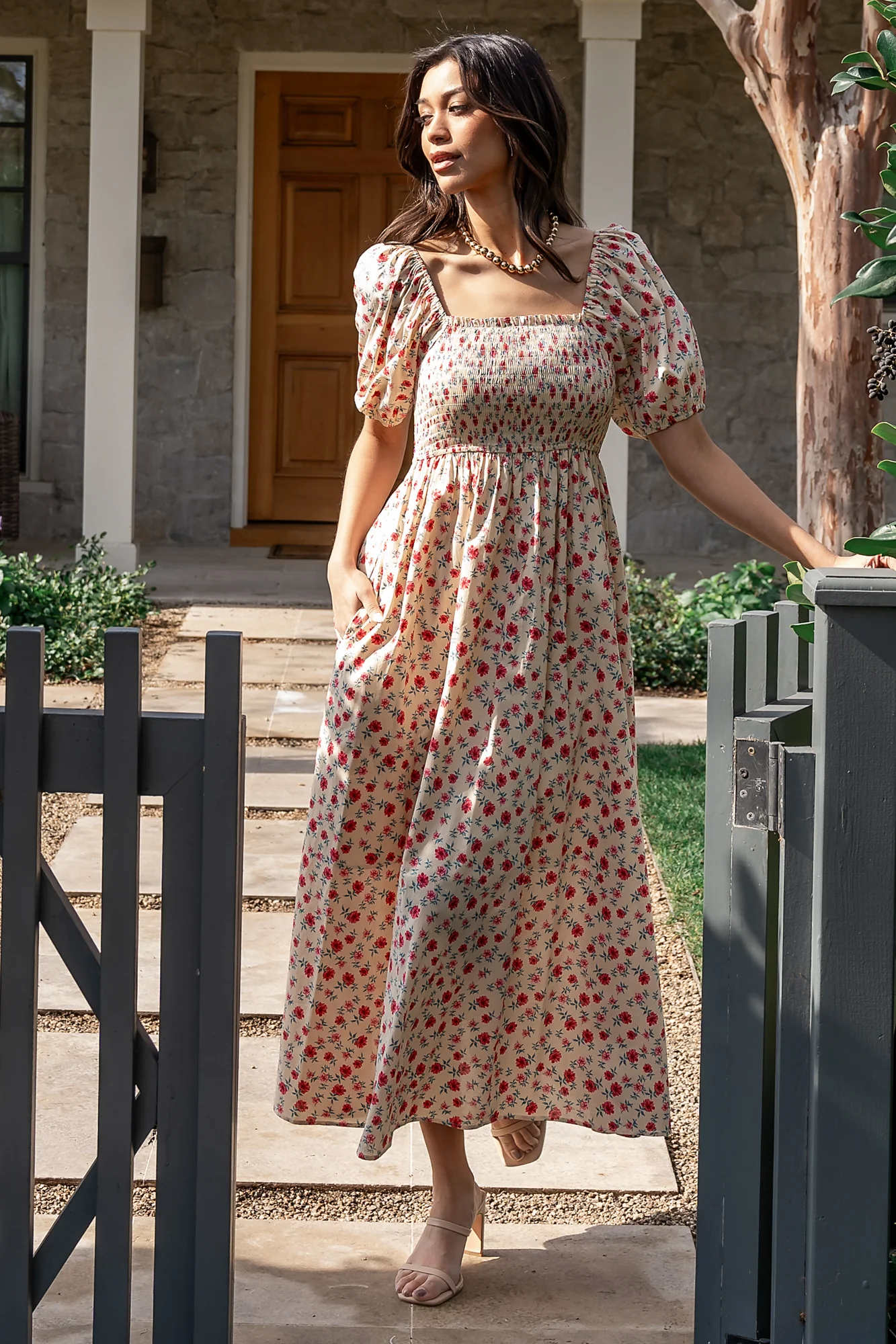 Haddie Smocked Midi Dress | Cream + Rose Floral - Jamouz