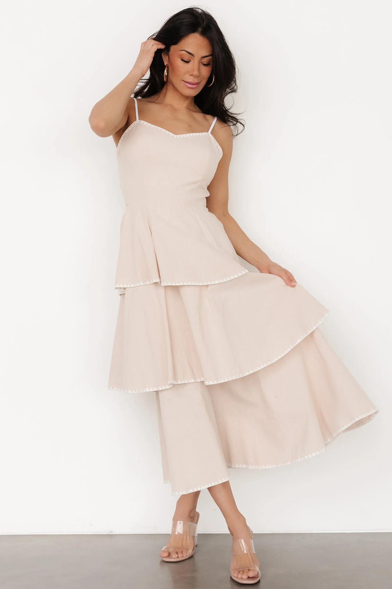 Odette Tiered Dress | Natural + White - Jamouz