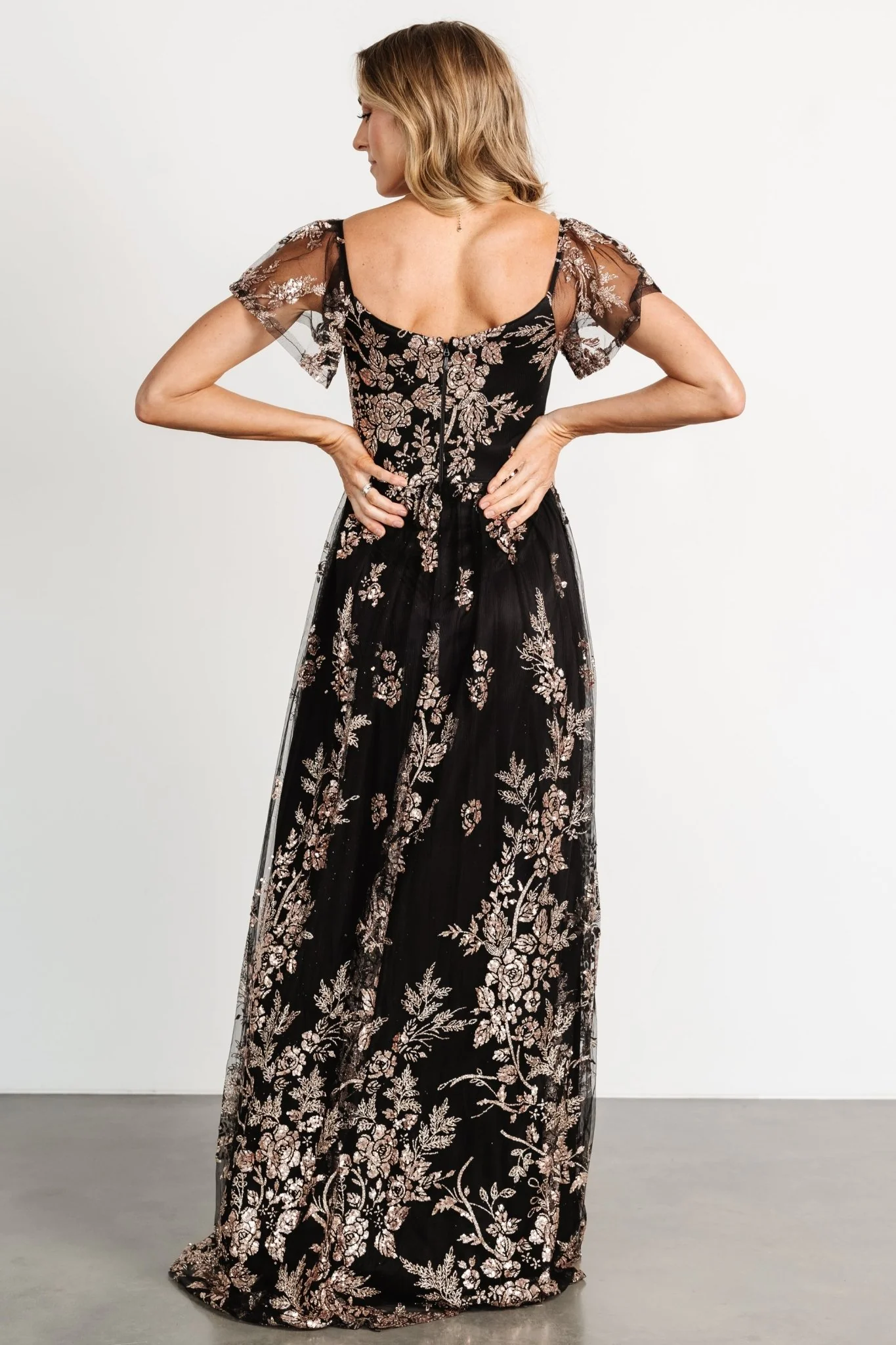 Corinne Shimmer Maxi Gown | Black + Rose Gold - Jamouz