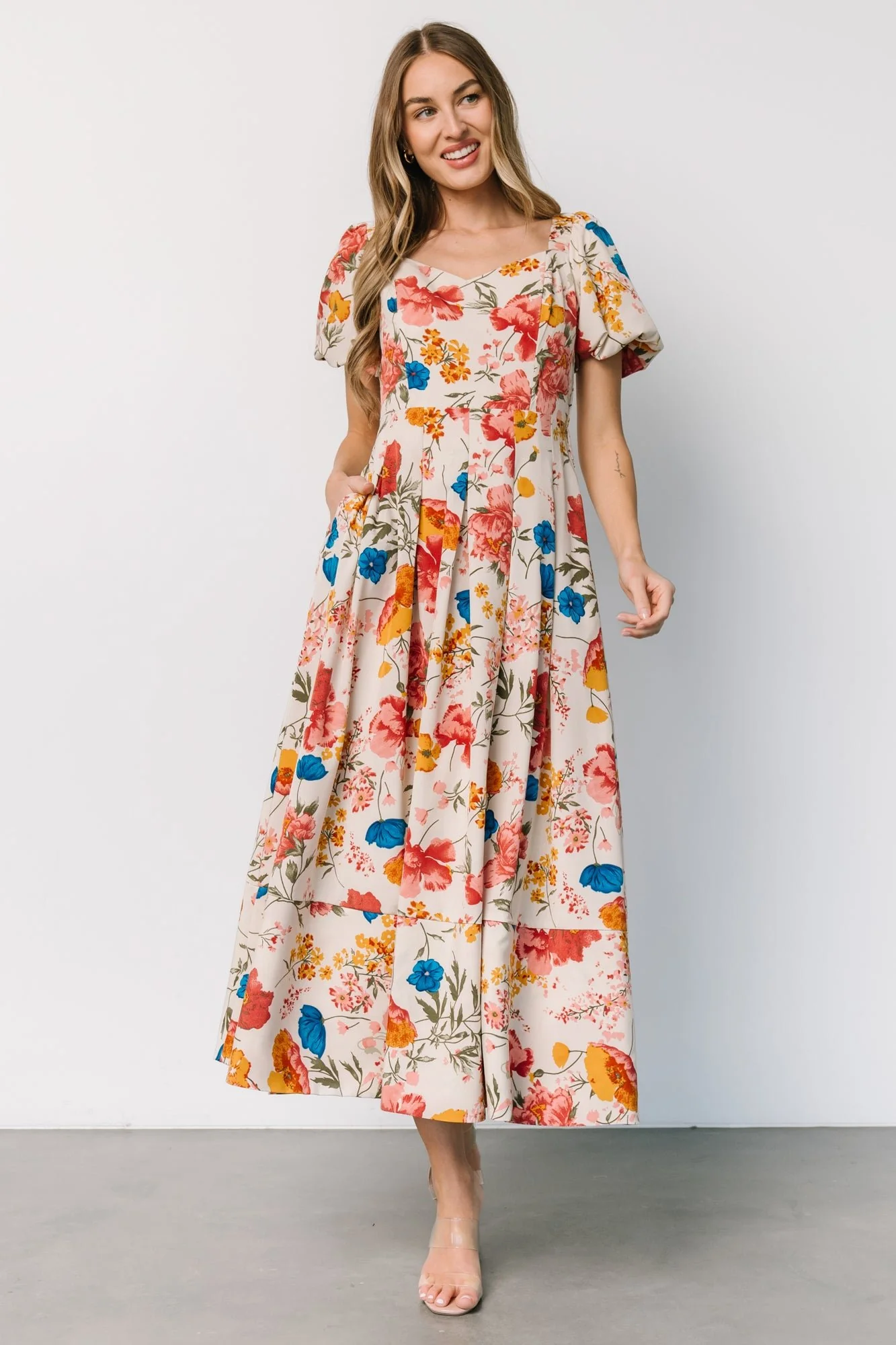 Greta Pleated Maxi Dress | Cream Multi Floral - Jamouz