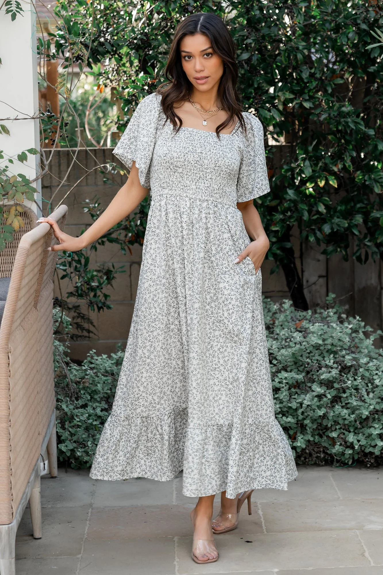 Cassis Smocked Midi Dress | Ivory + Black Floral - Jamouz