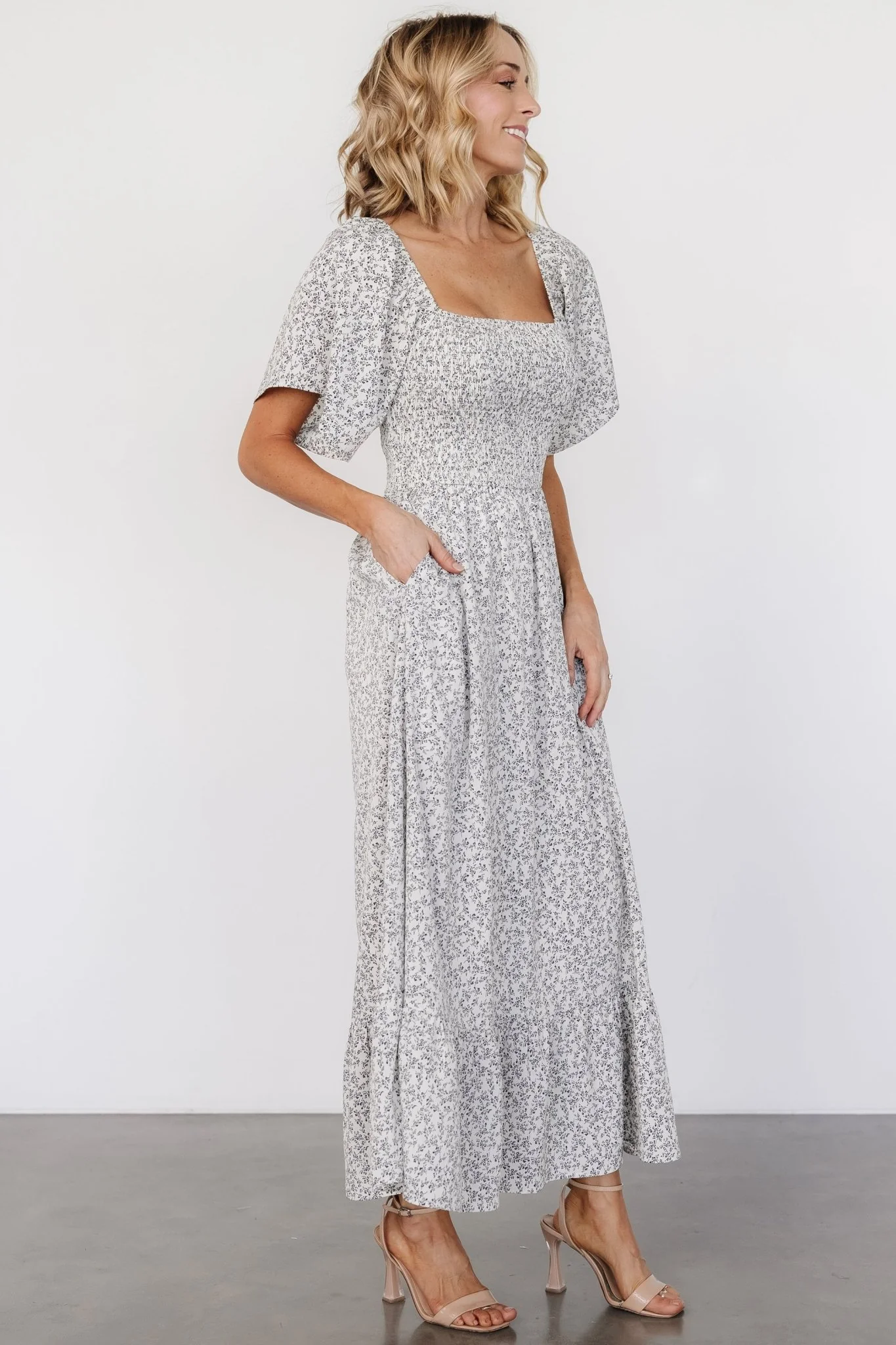 Cassis Smocked Midi Dress | Ivory + Black Floral - Jamouz