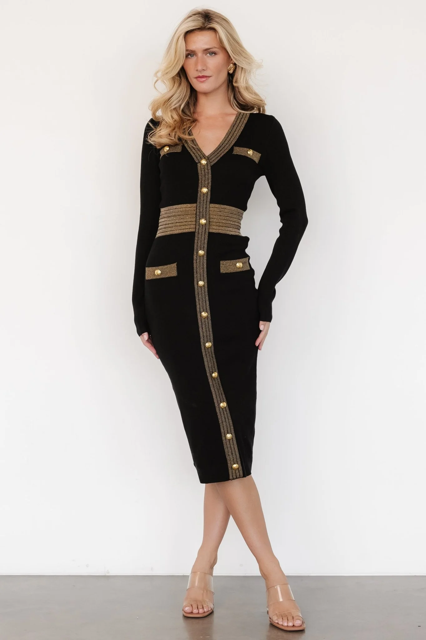 Birgitta Ribbed Sweater Dress | Black + Gold - Jamouz