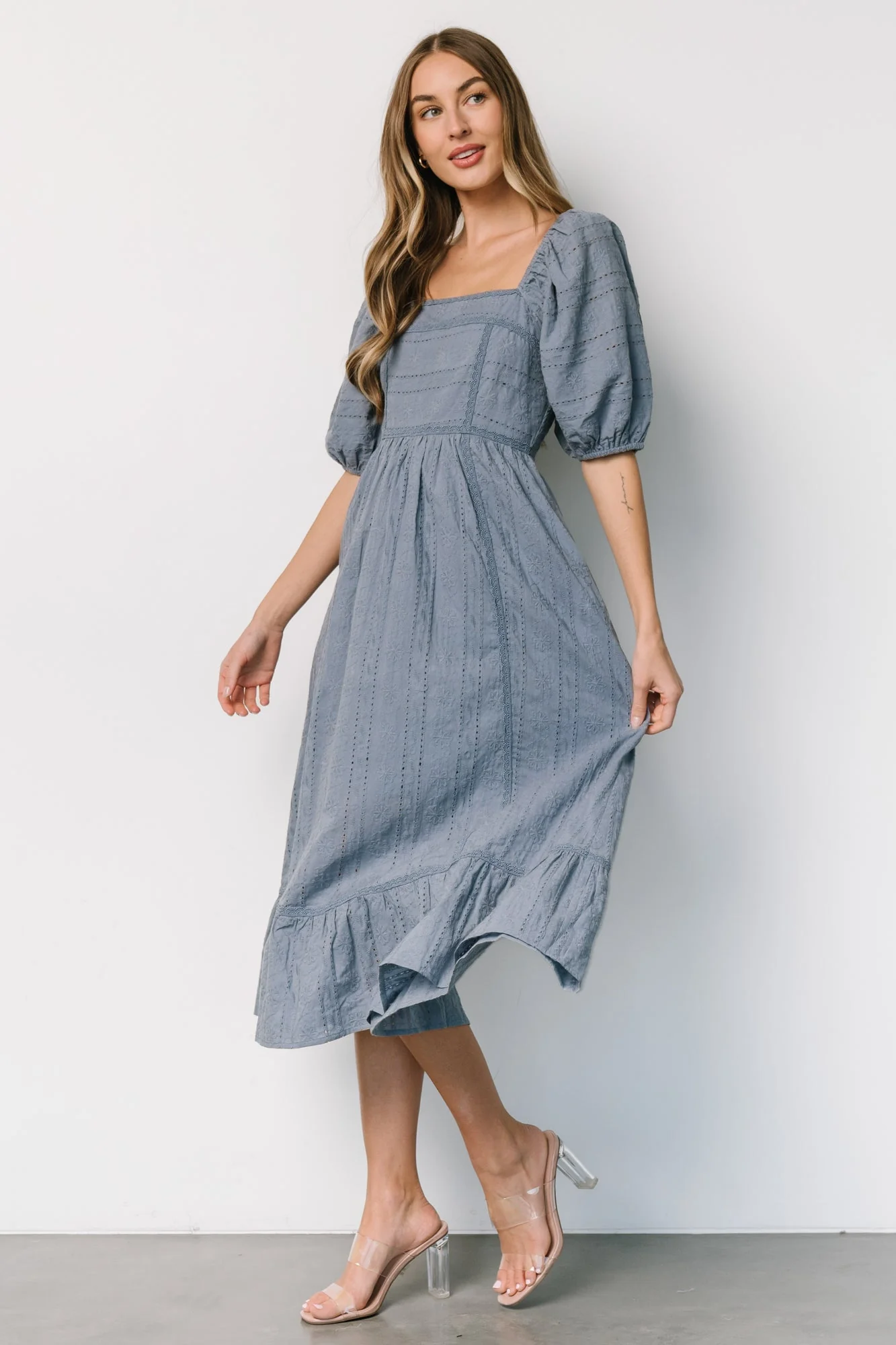 Delaney Eyelet Dress | Dusty Blue - Jamouz