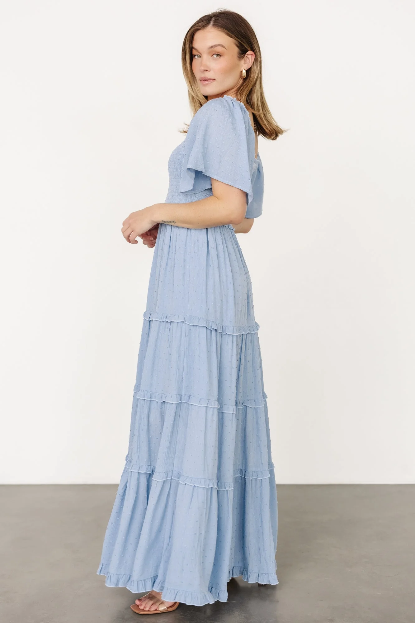 Lenora Smocked Dotted Maxi Dress | Dusty Blue - Jamouz