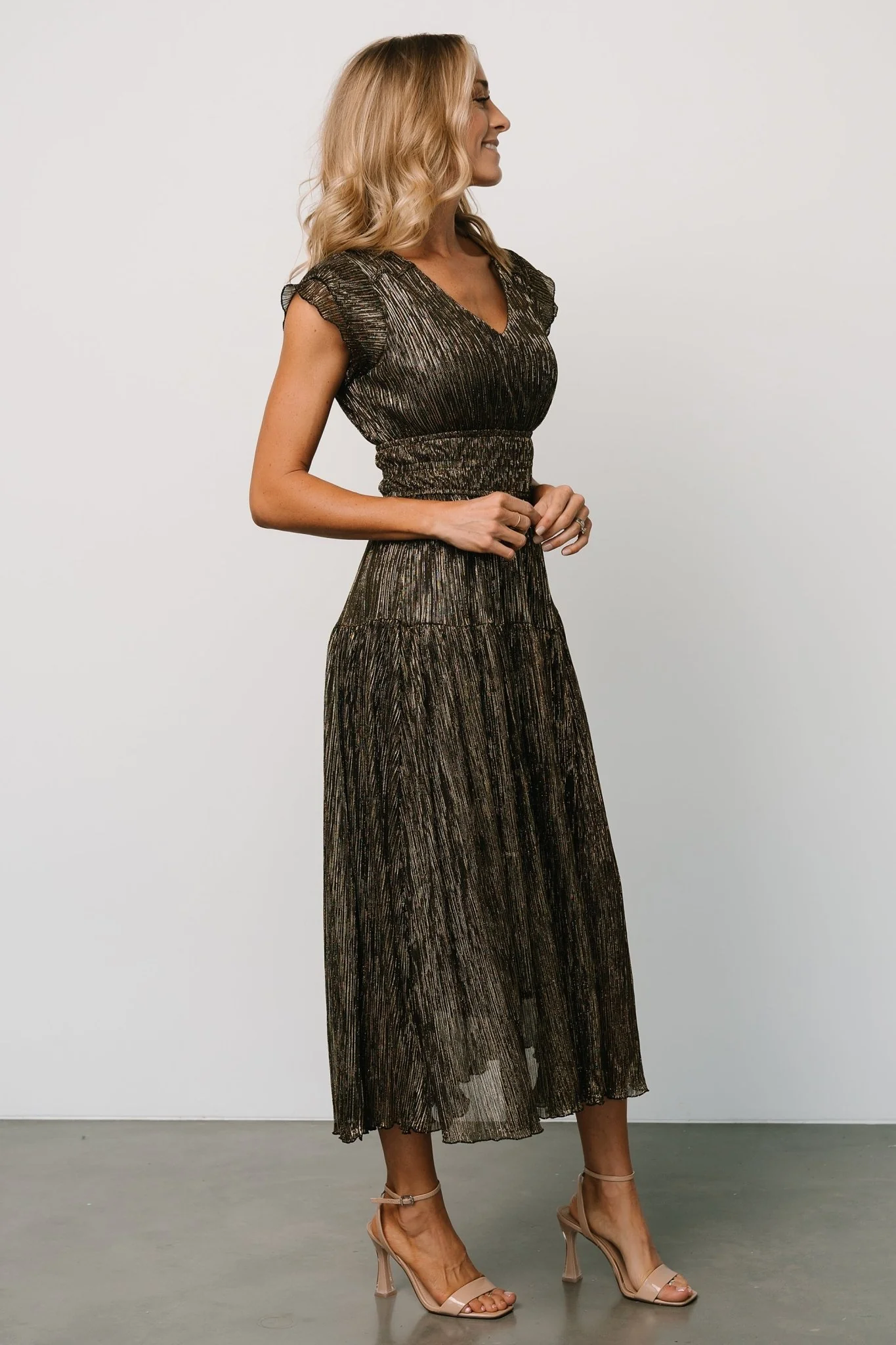 Miley Pleated Shimmer Dress | Gold - Jamouz