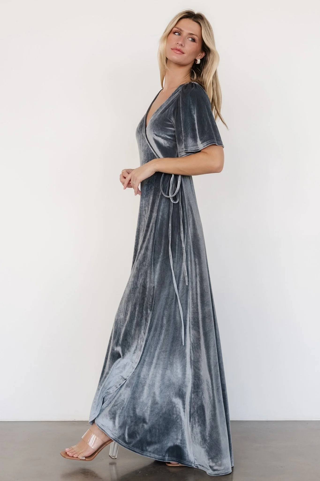 Katelyn Velvet Maxi Wrap Dress | Dusty Blue - Jamouz