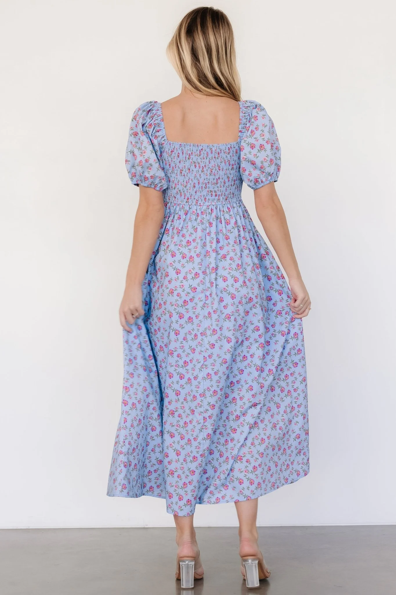 Haddie Smocked Midi Dress | Light Blue + Rose Floral - Jamouz