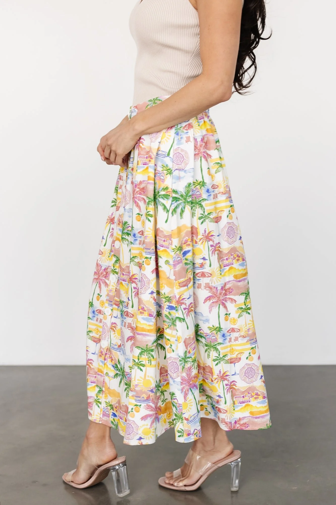 Gigi Button Midi Skirt | Off White + Multi Print - Jamouz