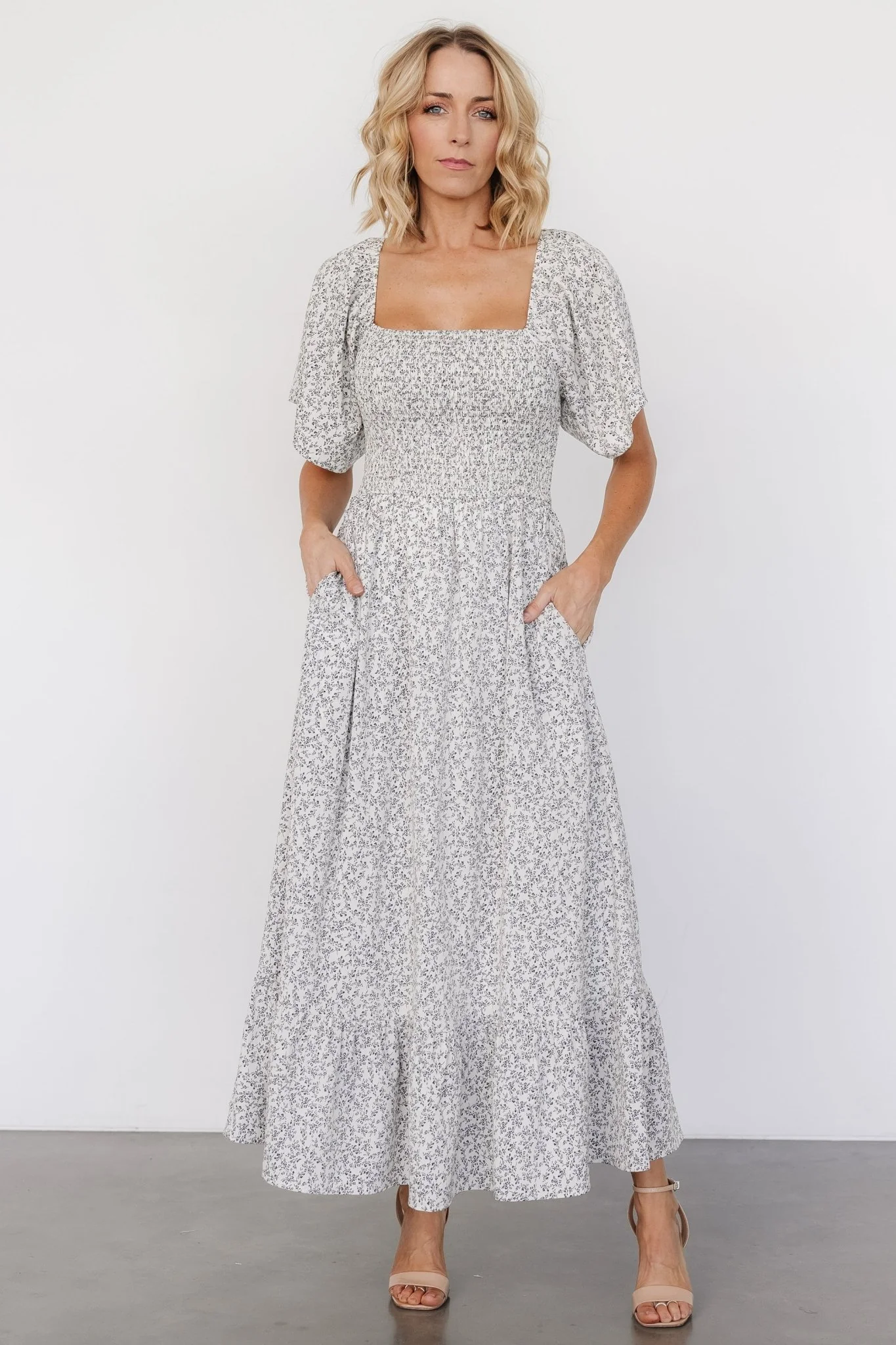 Cassis Smocked Midi Dress | Ivory + Black Floral - Jamouz