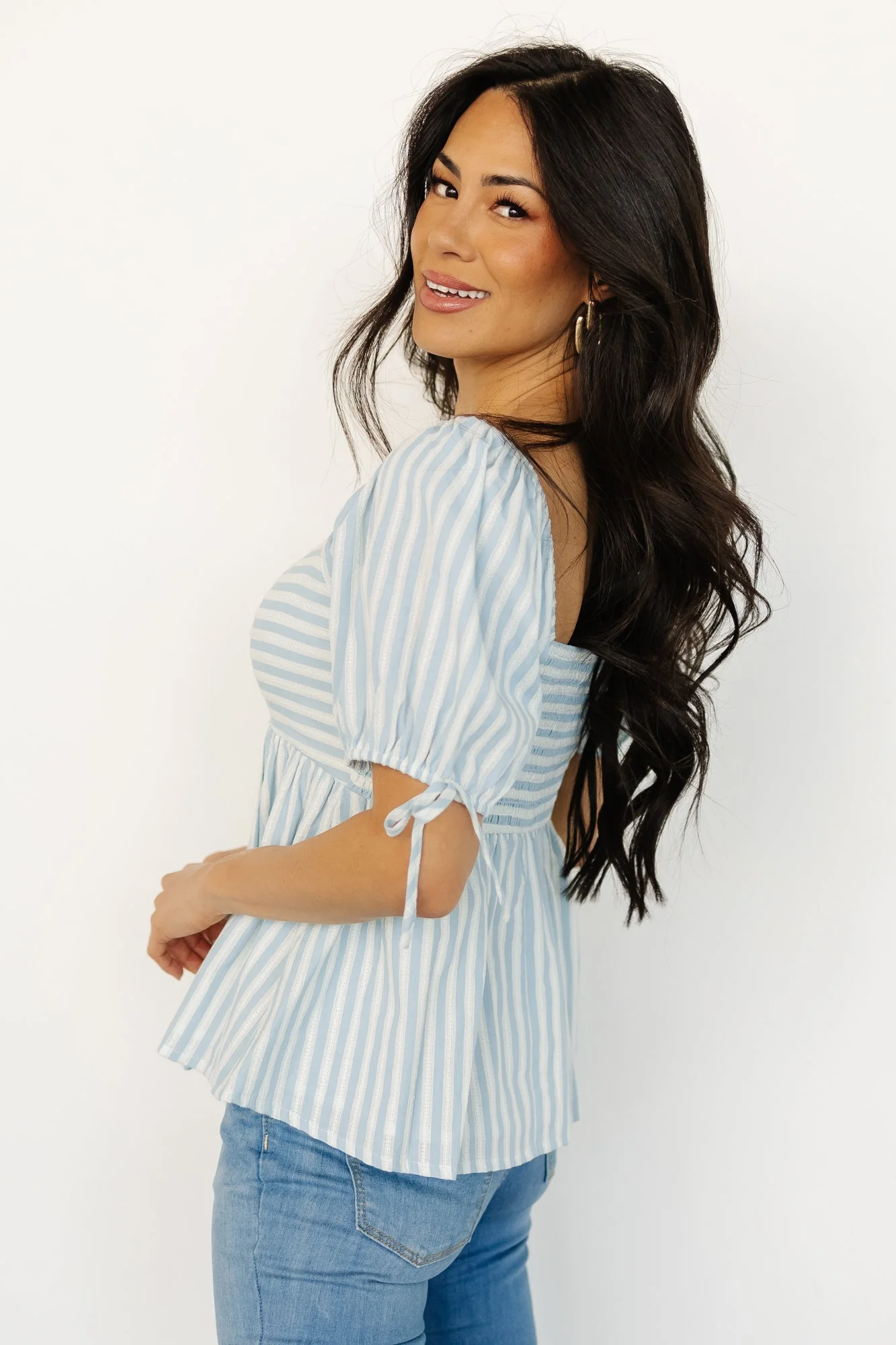 Betsy Peplum Top | Blue + White Stripe - Jamouz