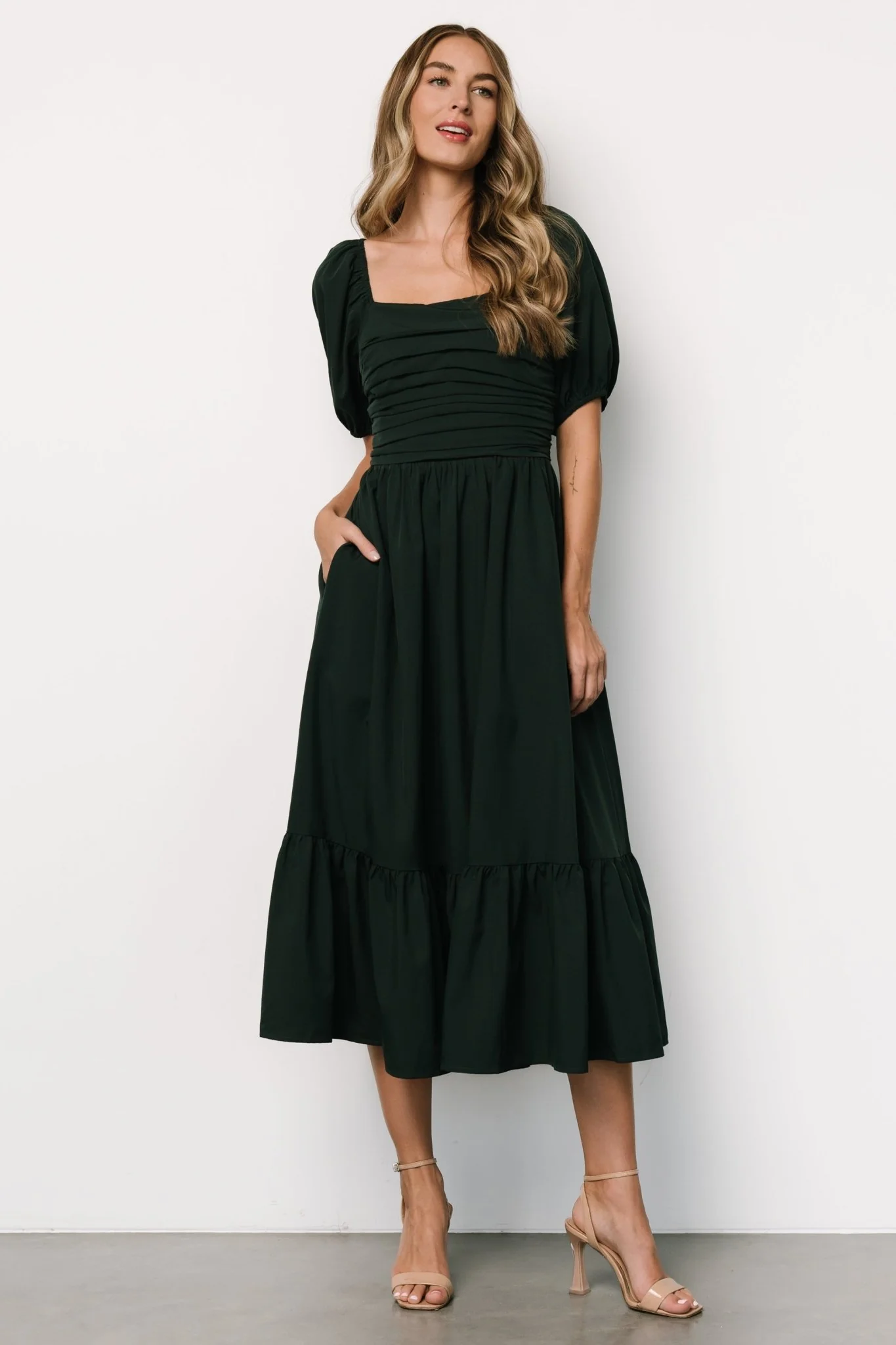 Andrea Pleated Midi Dress | Forest Green - Jamouz