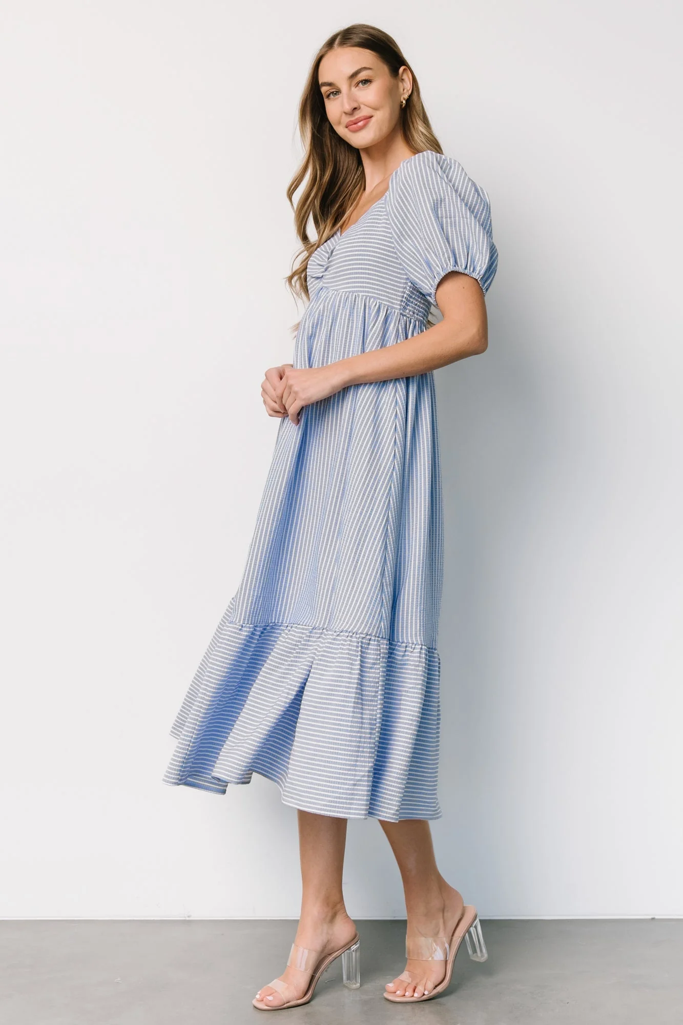 Poppy Midi Dress | Blue + Off White - Jamouz
