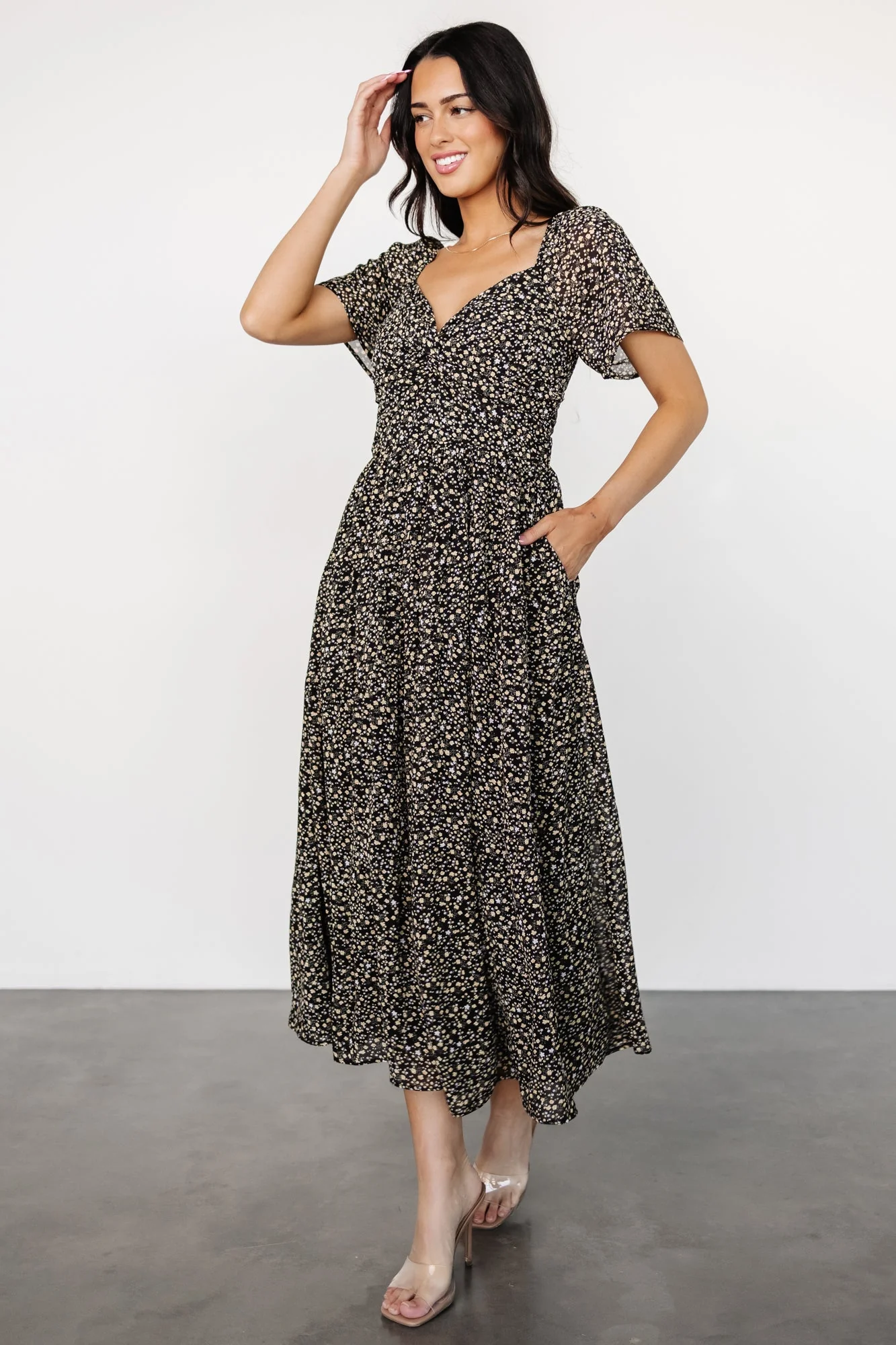 Emiliana Dress | Black + Gold Floral - Jamouz