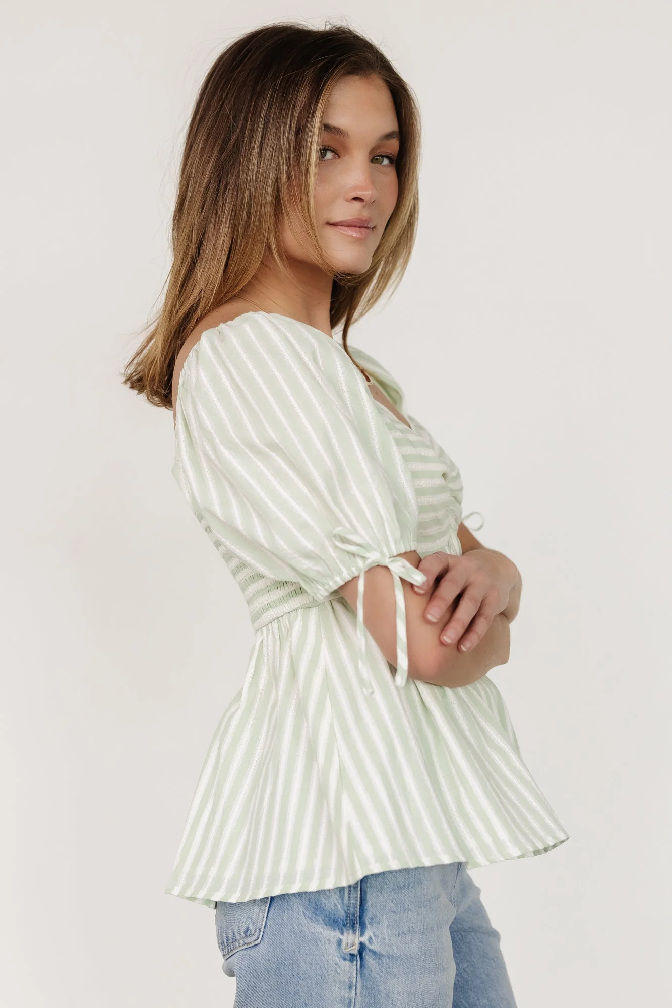 Betsy Peplum Top | Green+ White Stripe - Jamouz