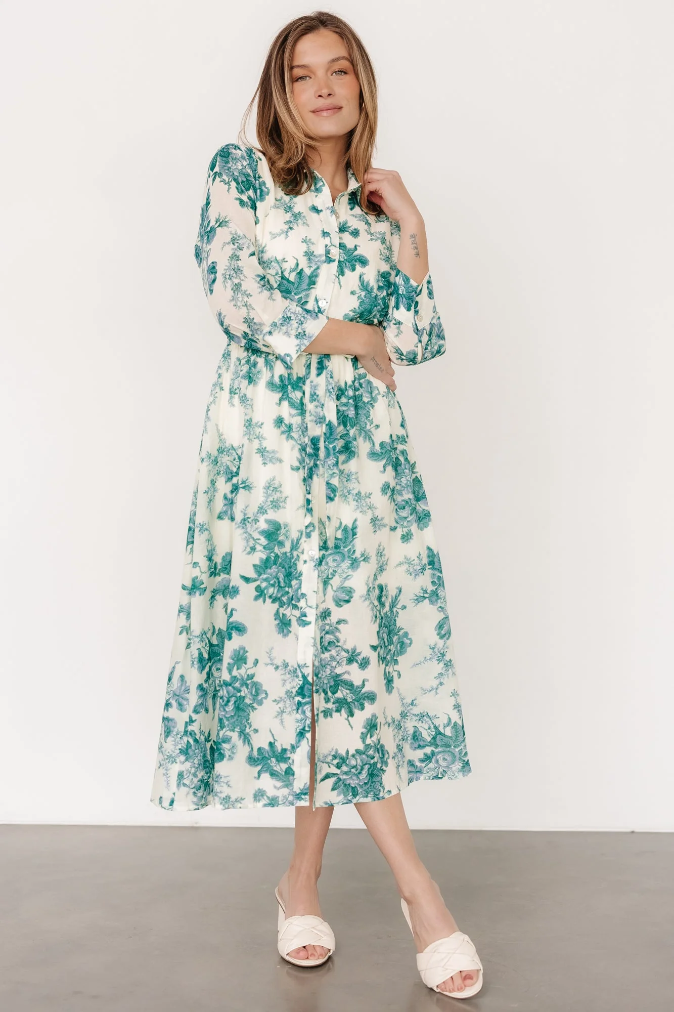 Eunice Button Midi Dress | Cream + Green Floral - Jamouz
