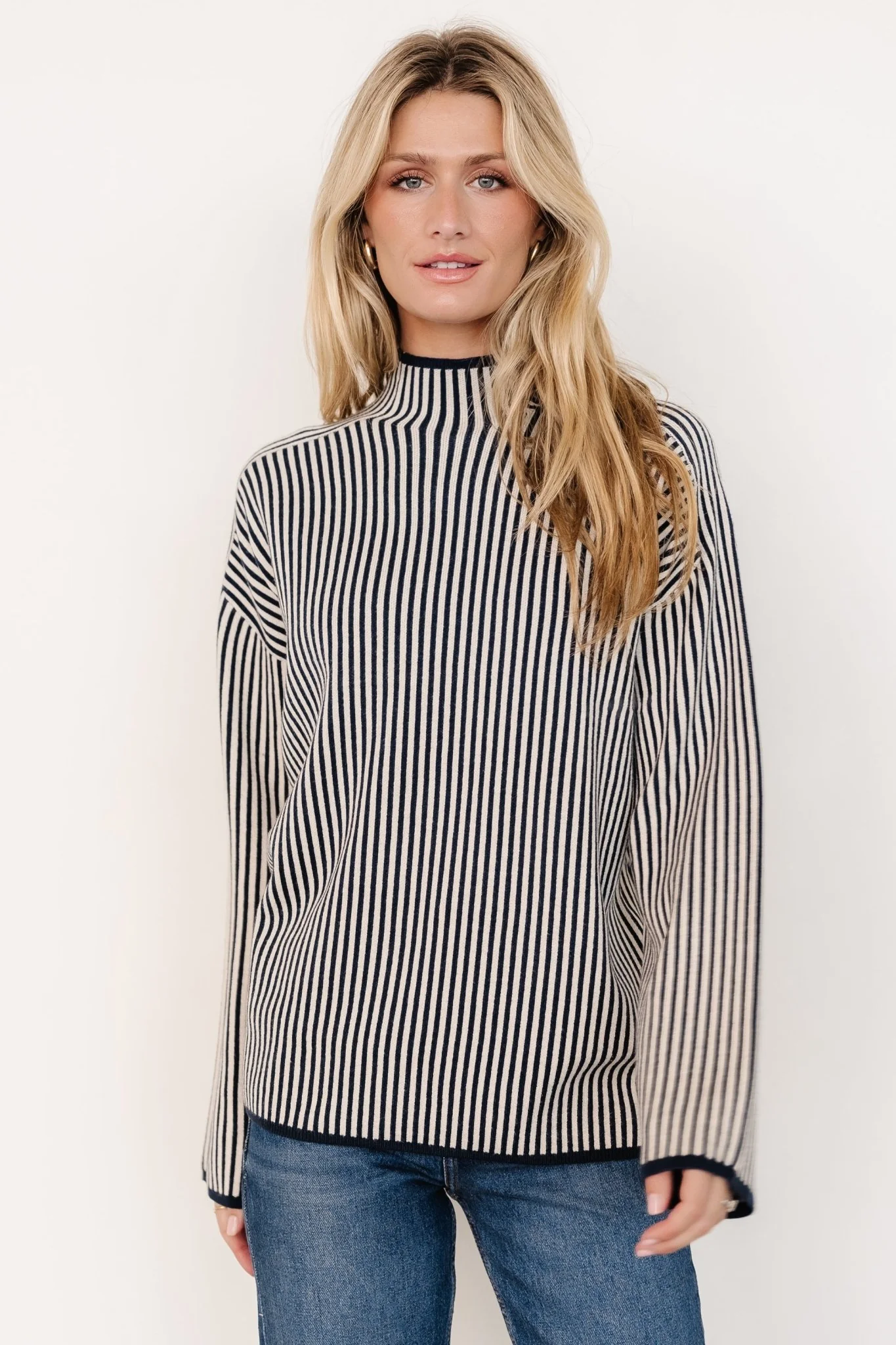 Kat Mock Neck Sweater | Navy Stripe - Jamouz