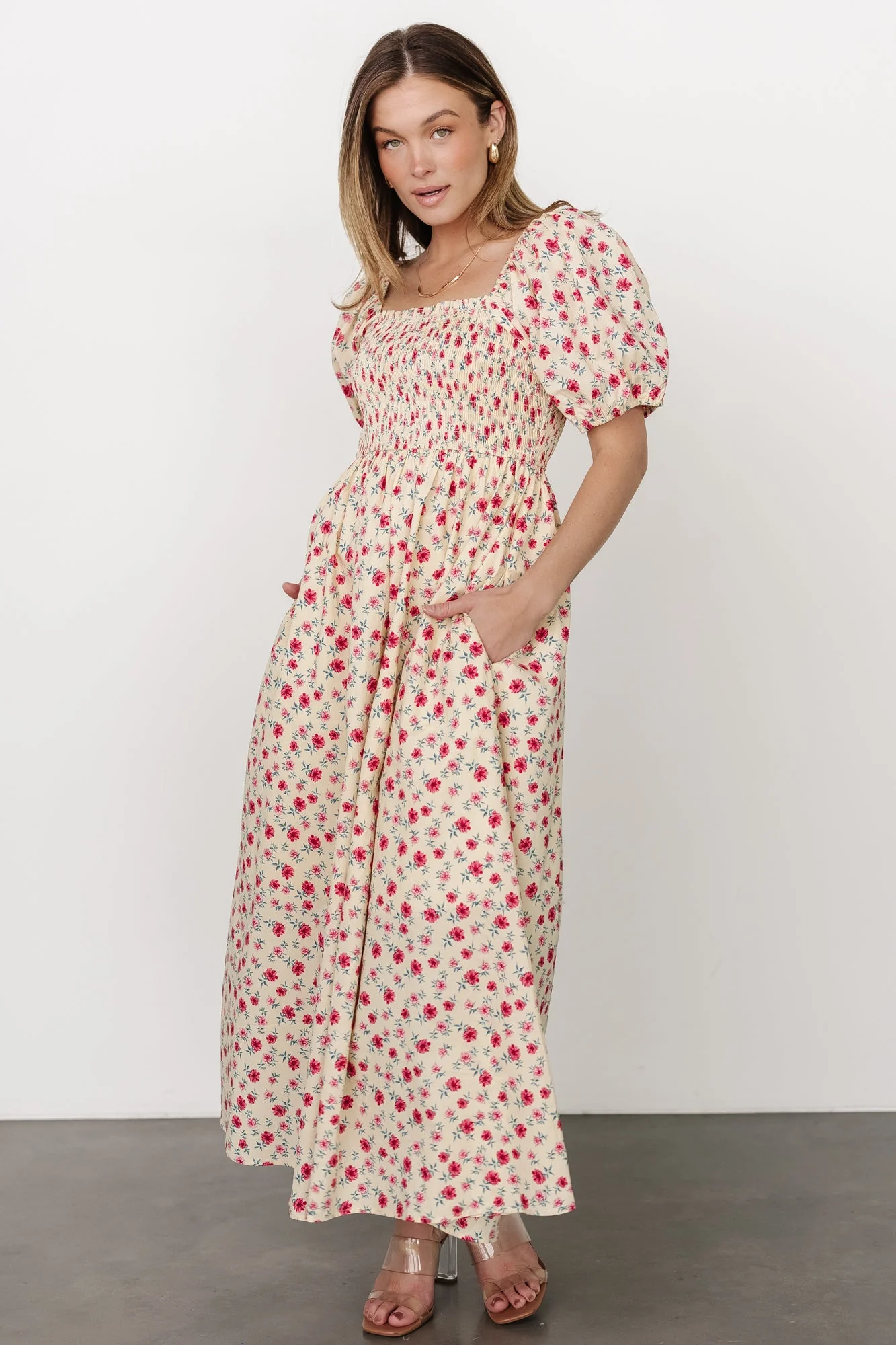 Haddie Smocked Midi Dress | Cream + Rose Floral - Jamouz