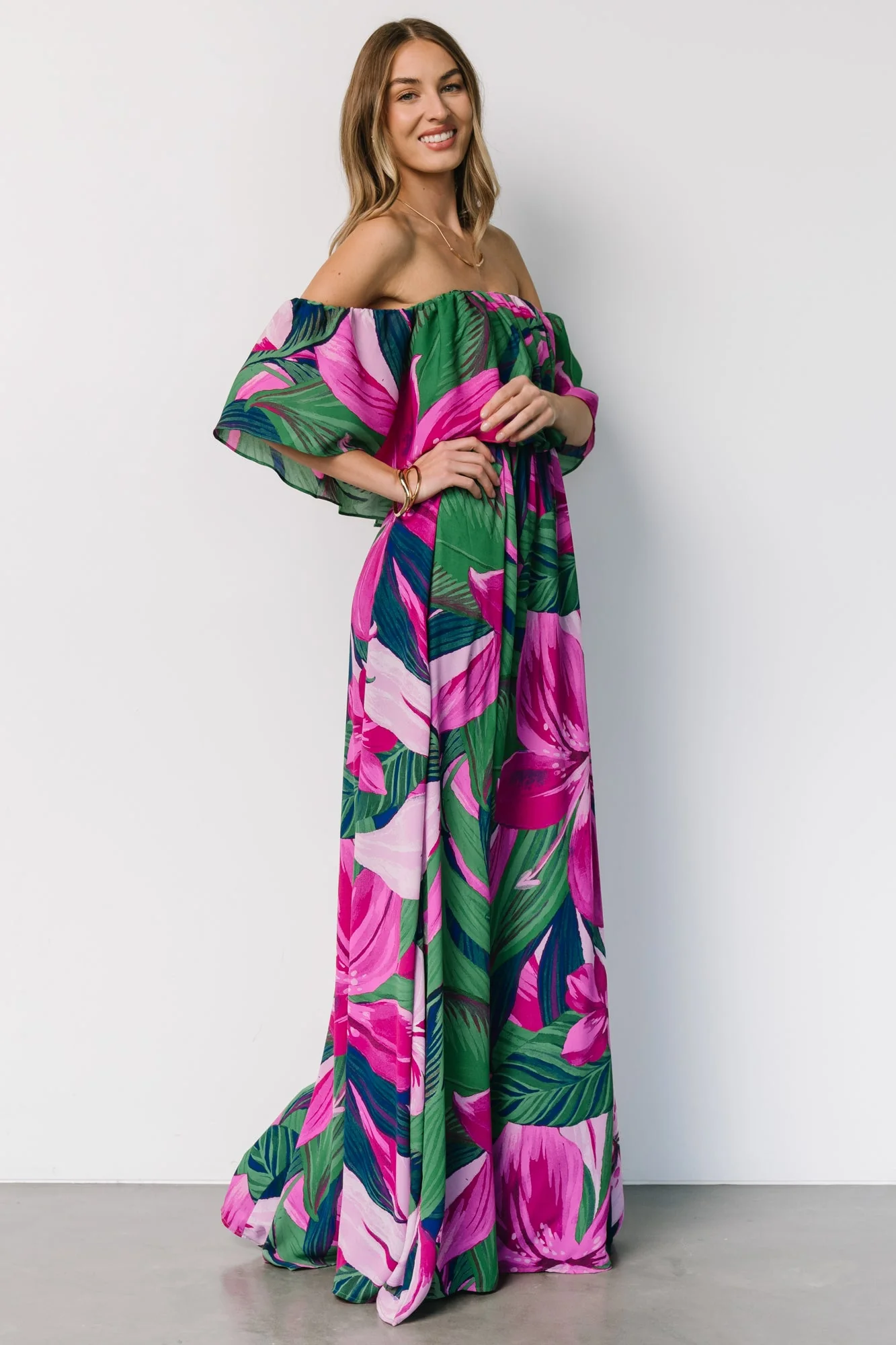 Azalea Off Shoulder Maxi Dress | Green + Fuchsia Floral - Jamouz