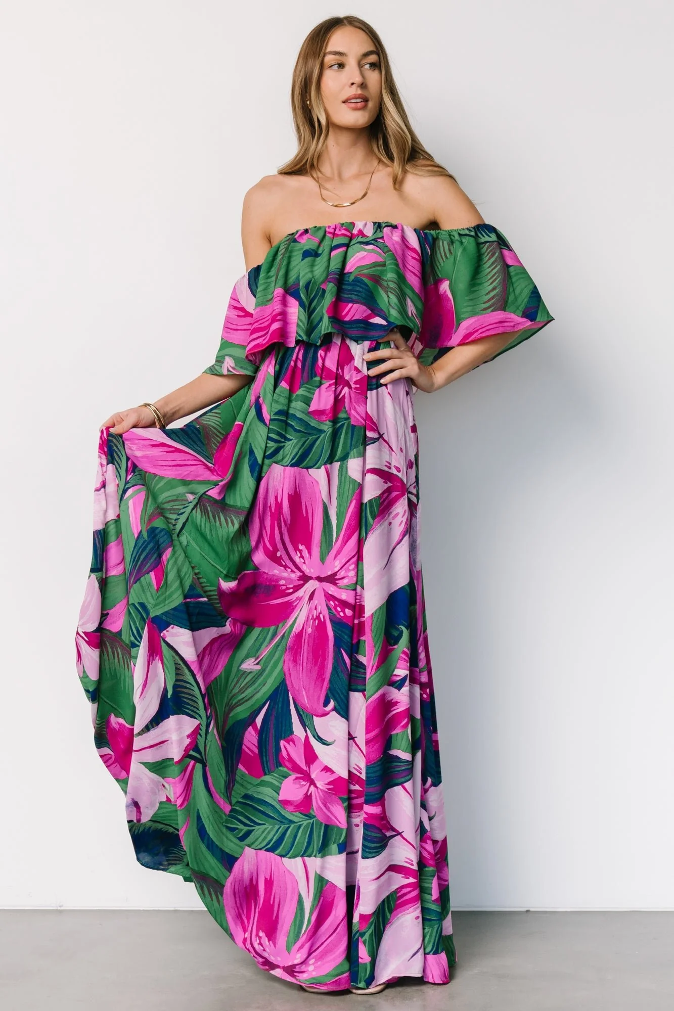 Azalea Off Shoulder Maxi Dress | Green + Fuchsia Floral - Jamouz