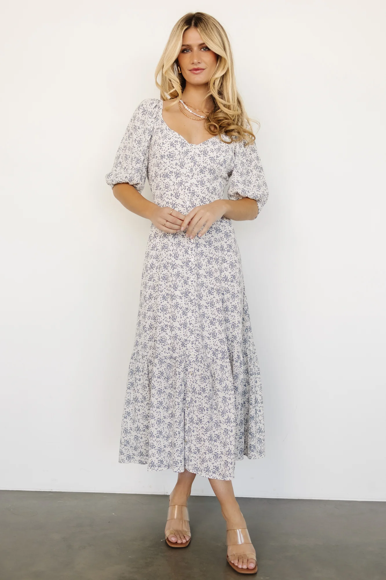 Elisabeth Button Dress | Off White + Blue Floral - Jamouz