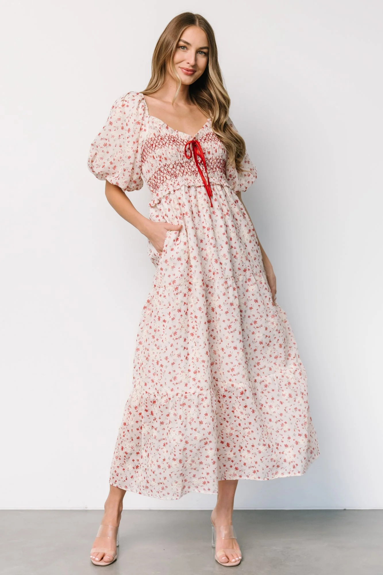 Hollie Smocked Dress | Cream + Red Floral - Jamouz