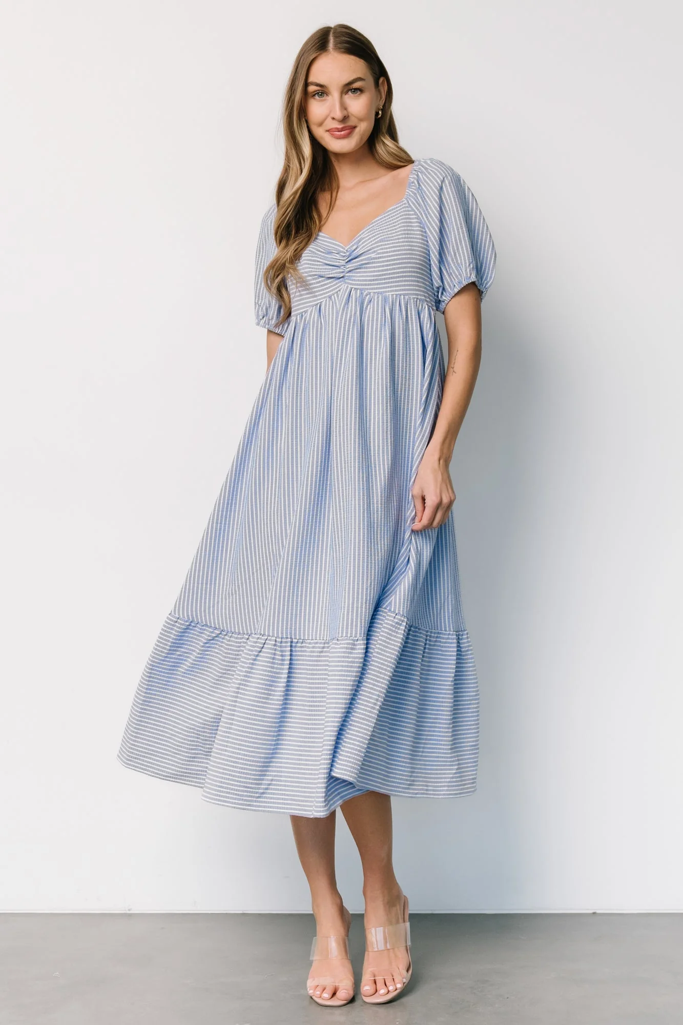 Poppy Midi Dress | Blue + Off White - Jamouz
