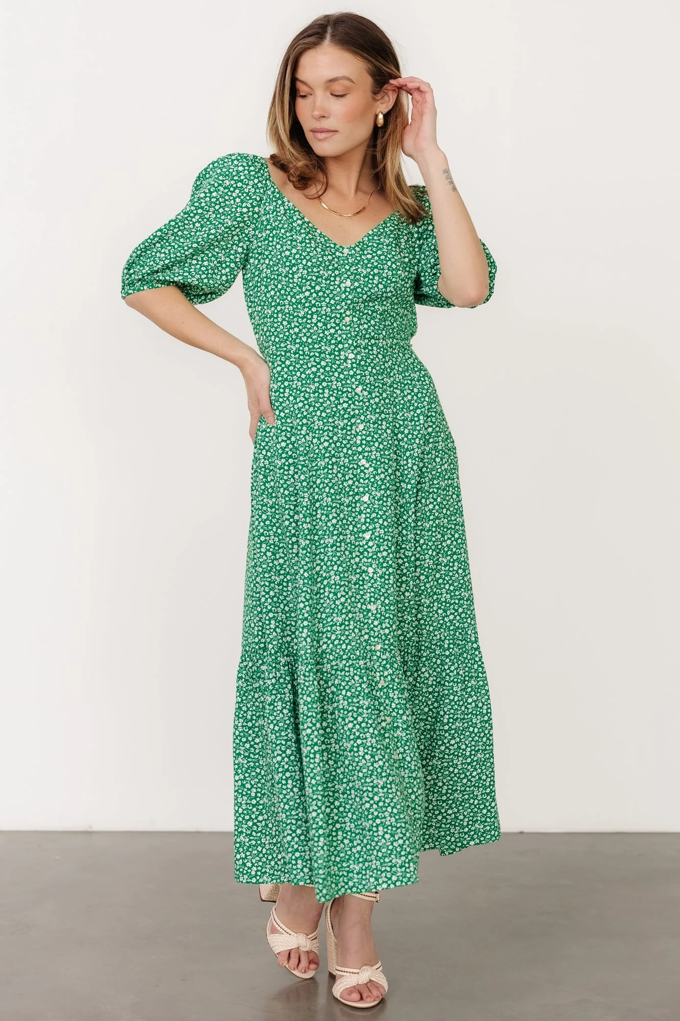 Elisabeth Button Dress | Green Floral - Jamouz