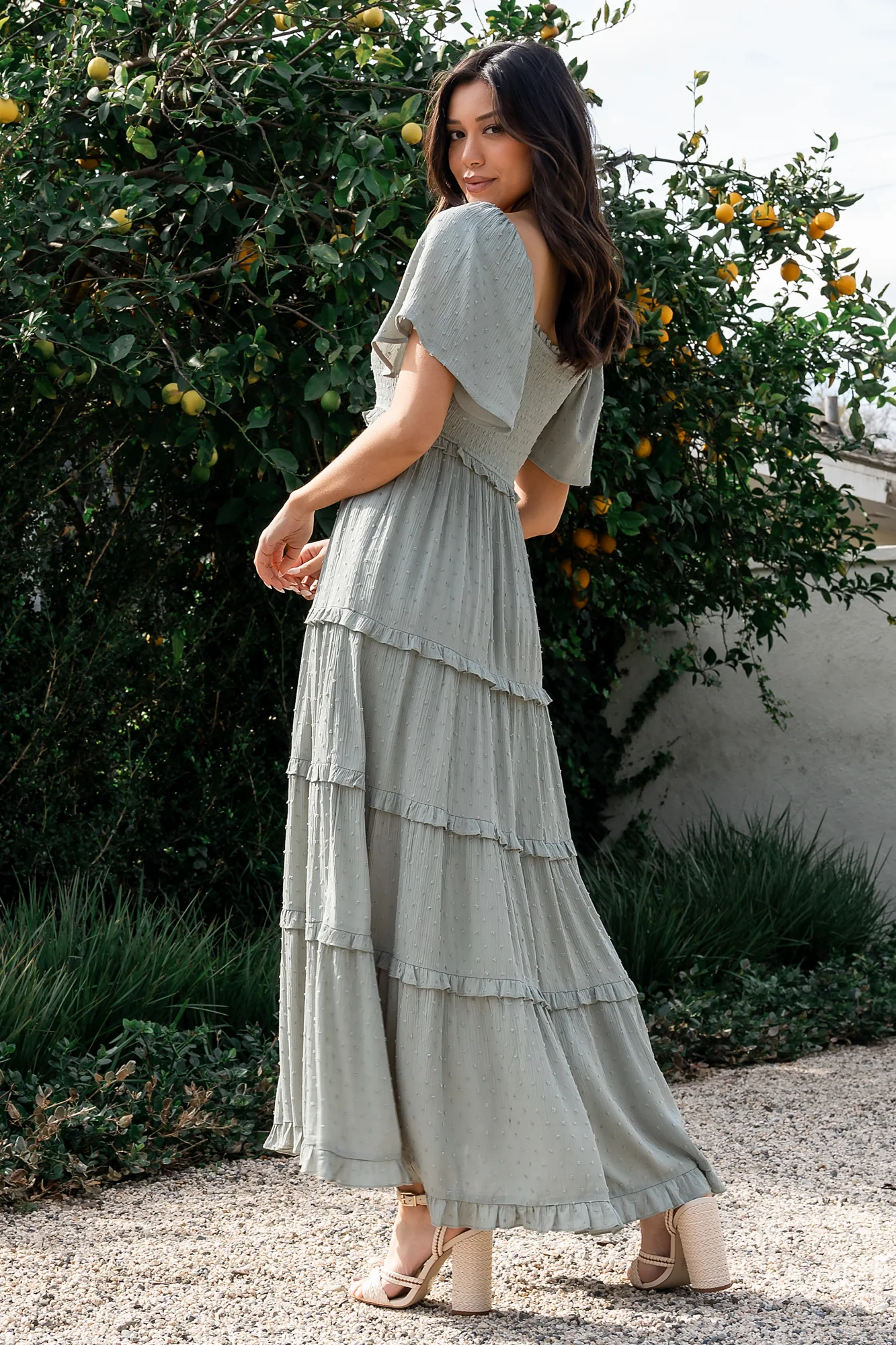 Lenora Smocked Dotted Maxi Dress | Sage - Jamouz