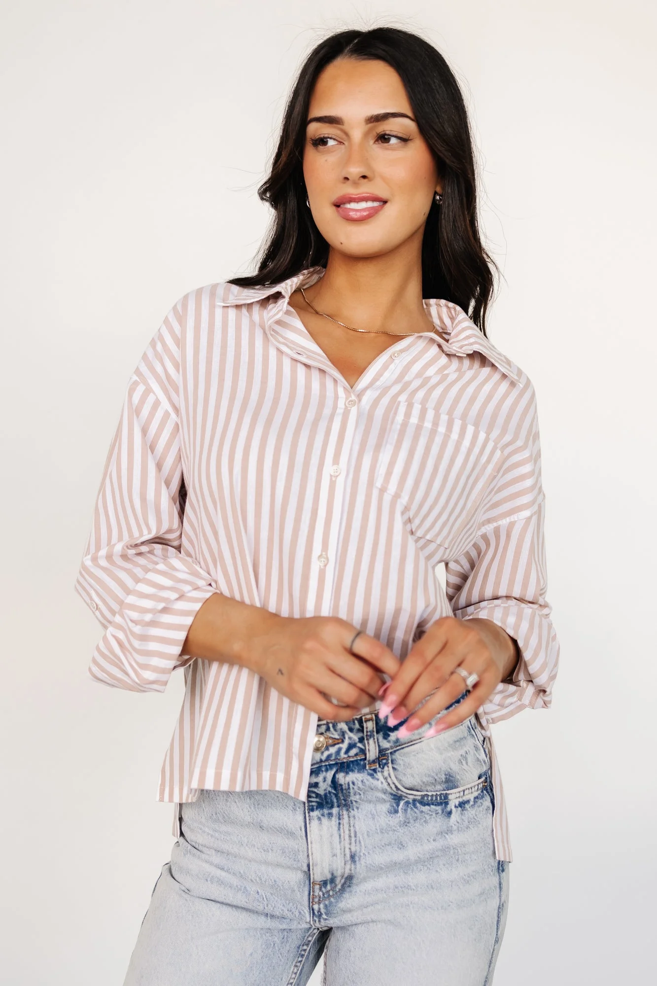 Shasta Button Up Top | Beige Stripe - Jamouz