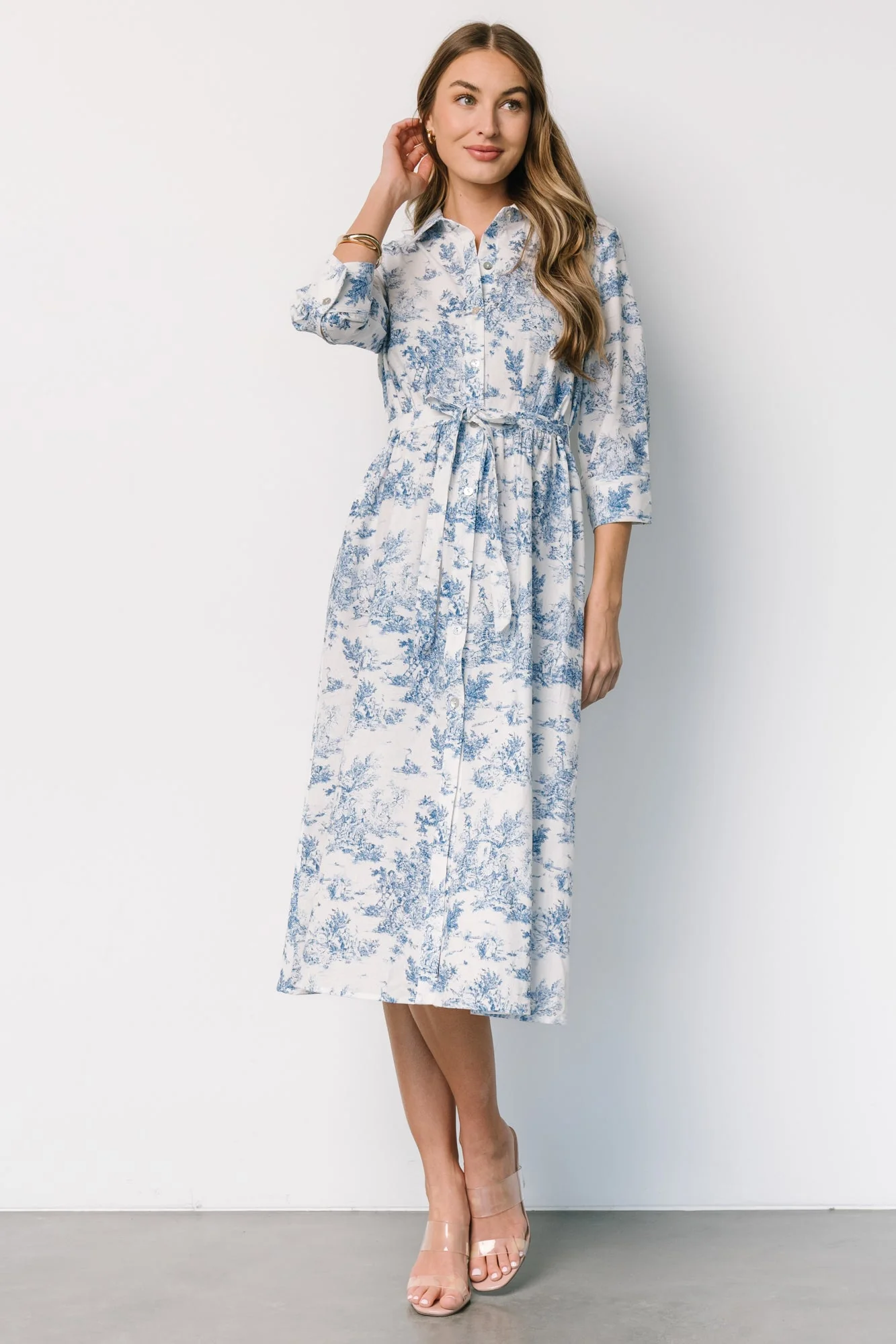 Chantelle Button Midi Dress | Off White + Blue Print - Jamouz