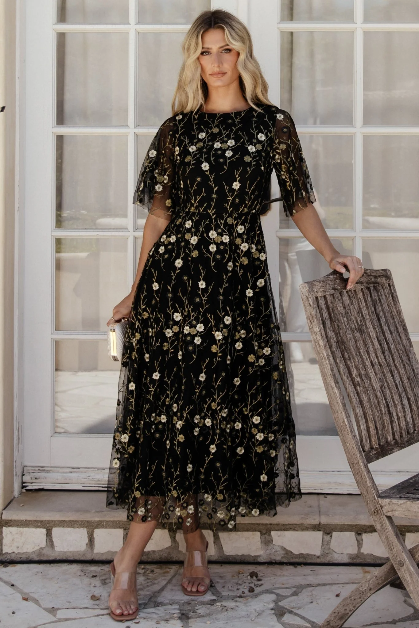 Arabella Embroidered Tulle Maxi Dress | Gold + Black - Jamouz