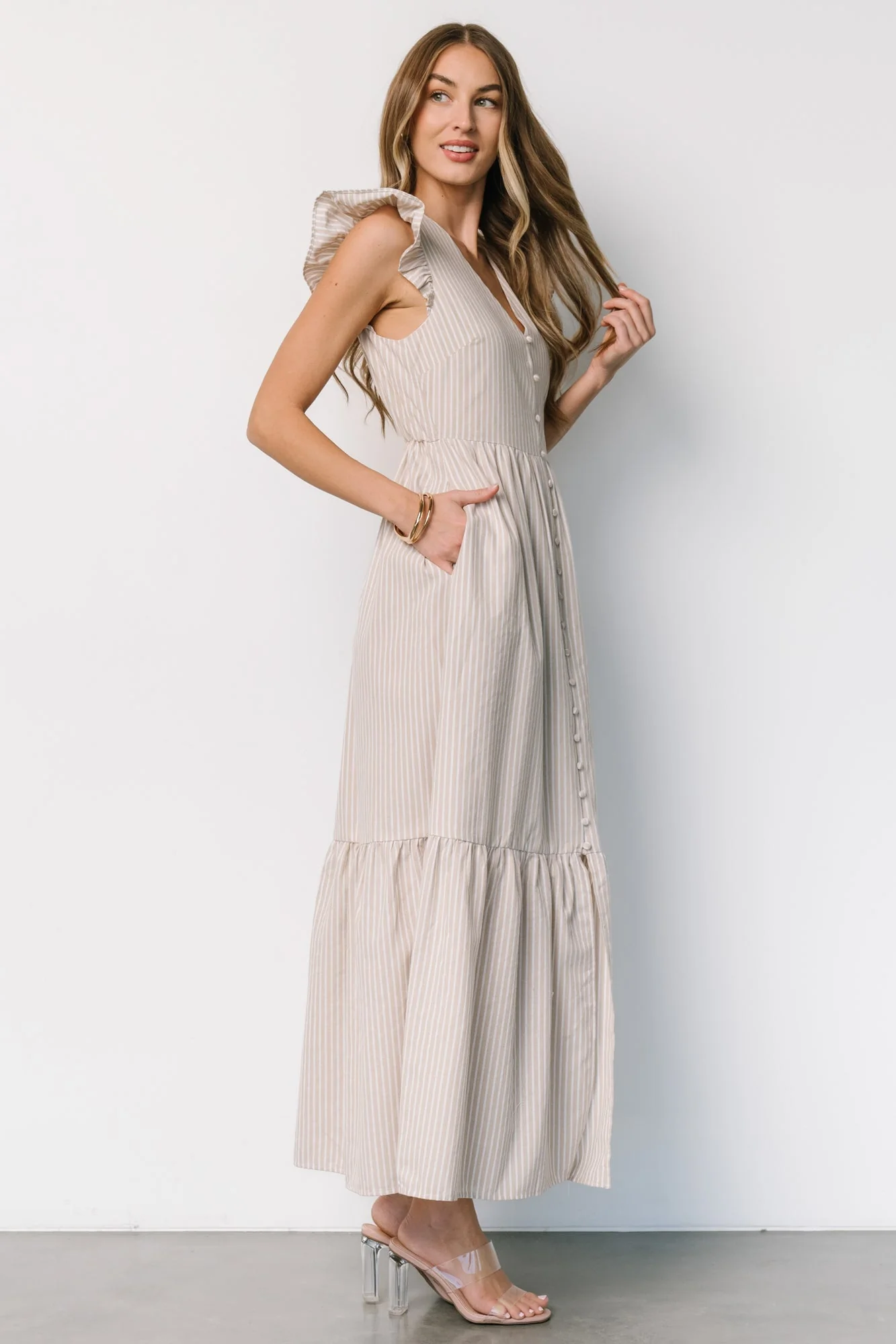 Hettie Button Maxi Dress | Beige Stripe - Jamouz