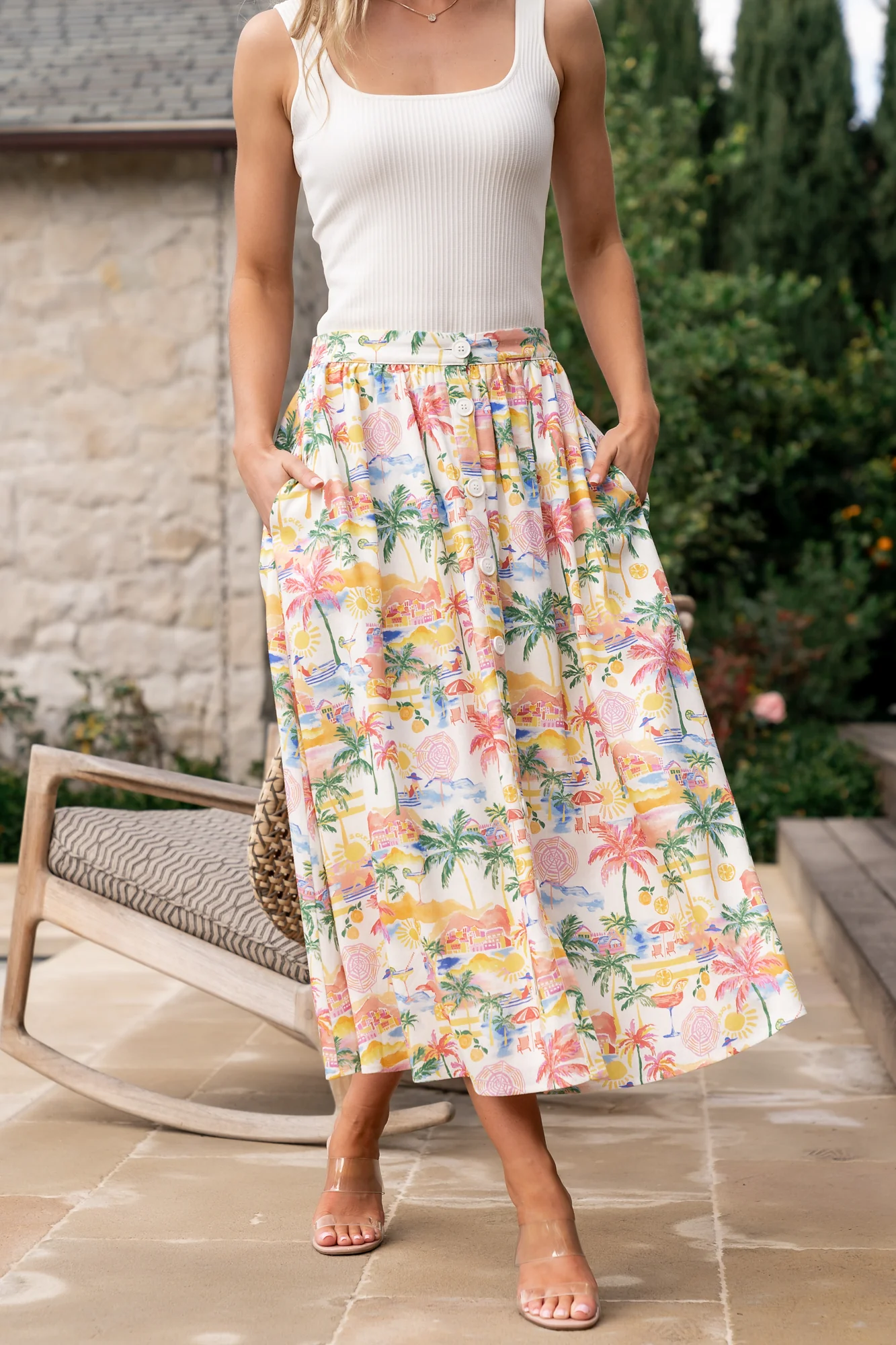 Gigi Button Midi Skirt | Off White + Multi Print - Jamouz