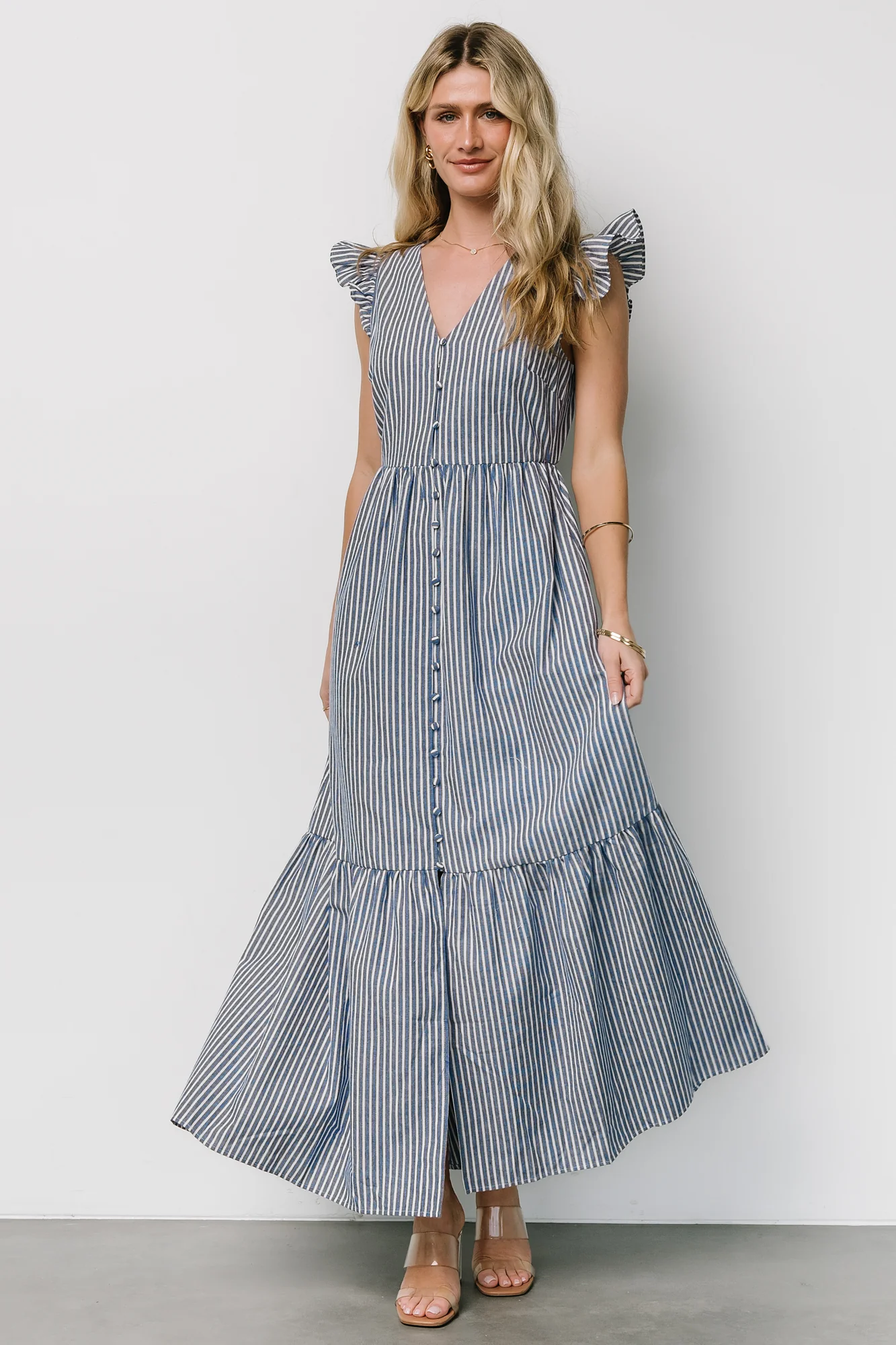 Hettie Button Maxi Dress | Blue Stripe - Jamouz