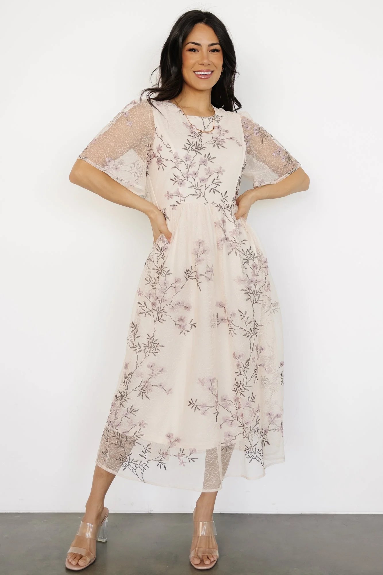 Ashlee Embroidered Midi Dress | Cream + Lavender Floral - Jamouz